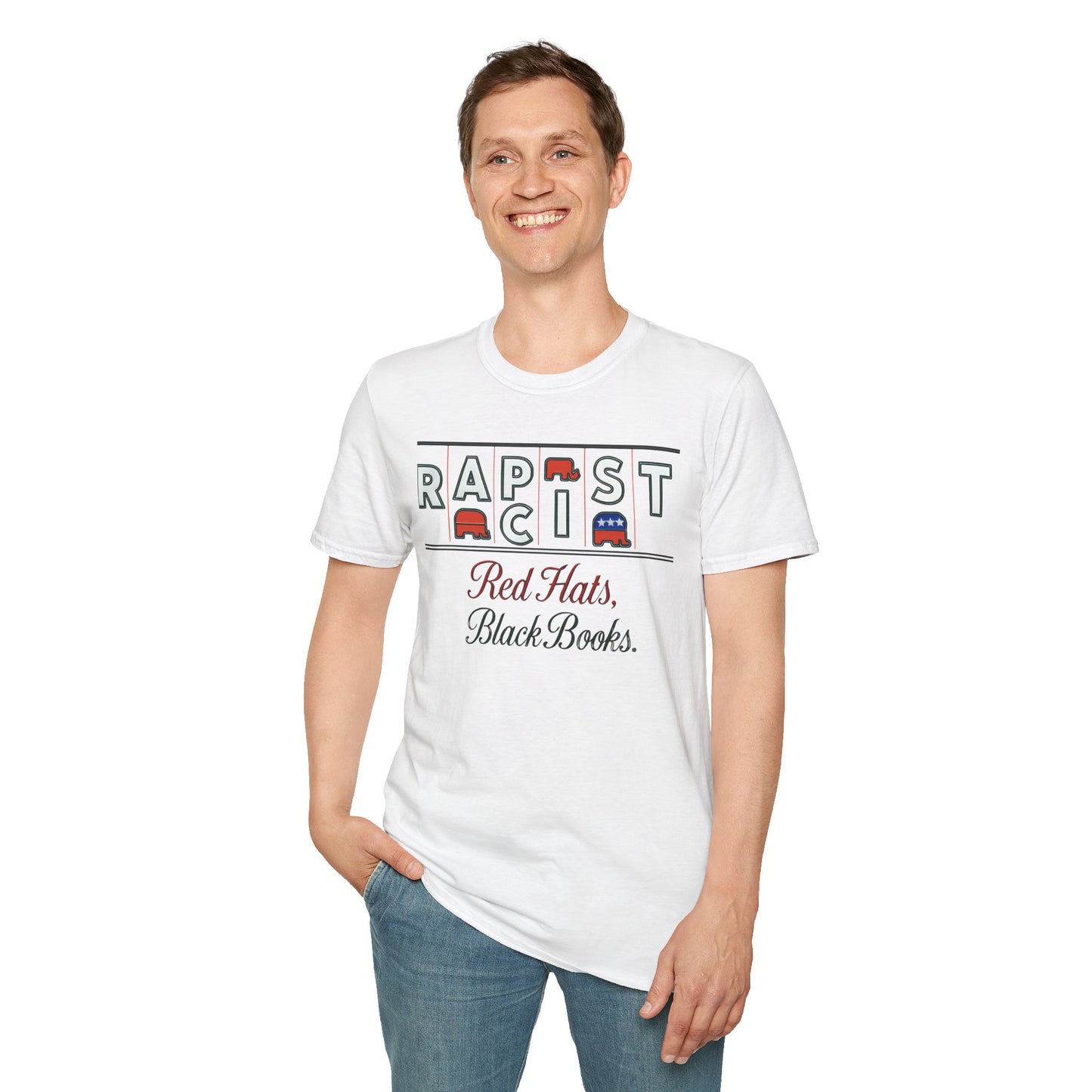 Red Hats, Black Book. Unisex Softstyle T-Shirt, Casual Tee, Statement Shirt, Political Humor, Gift for Activists, Unisex Graphic Tee