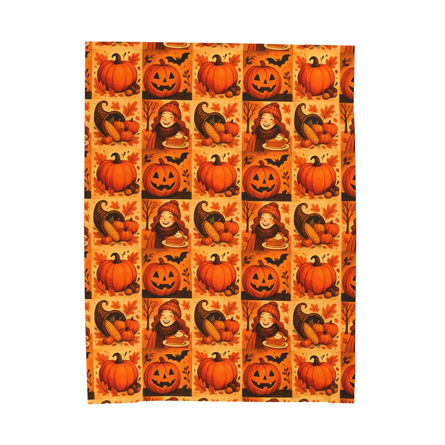 Autumn Themed Velveteen Plush Blanket, Cozy Fall Decor, Halloween Warmth, Pumpkin Blanket, Thanksgiving Gift, Seasonal Home Comfort