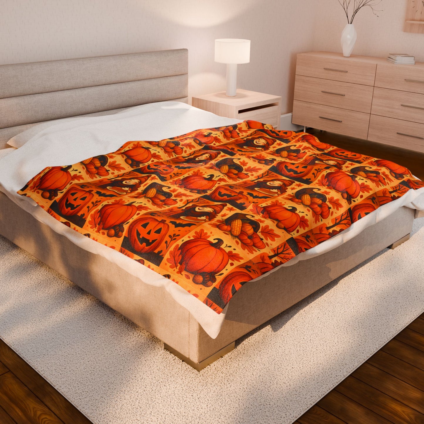 Autumn Themed Velveteen Plush Blanket, Cozy Fall Decor, Halloween Warmth, Pumpkin Blanket, Thanksgiving Gift, Seasonal Home Comfort