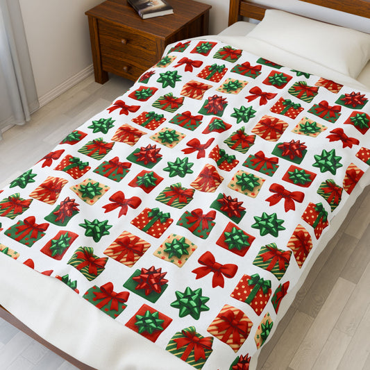 Festive Gift Print Velveteen Plush Blanket | Cozy Holiday Throw | Christmas Decor | Winter Gift | Soft and Warm Blanket