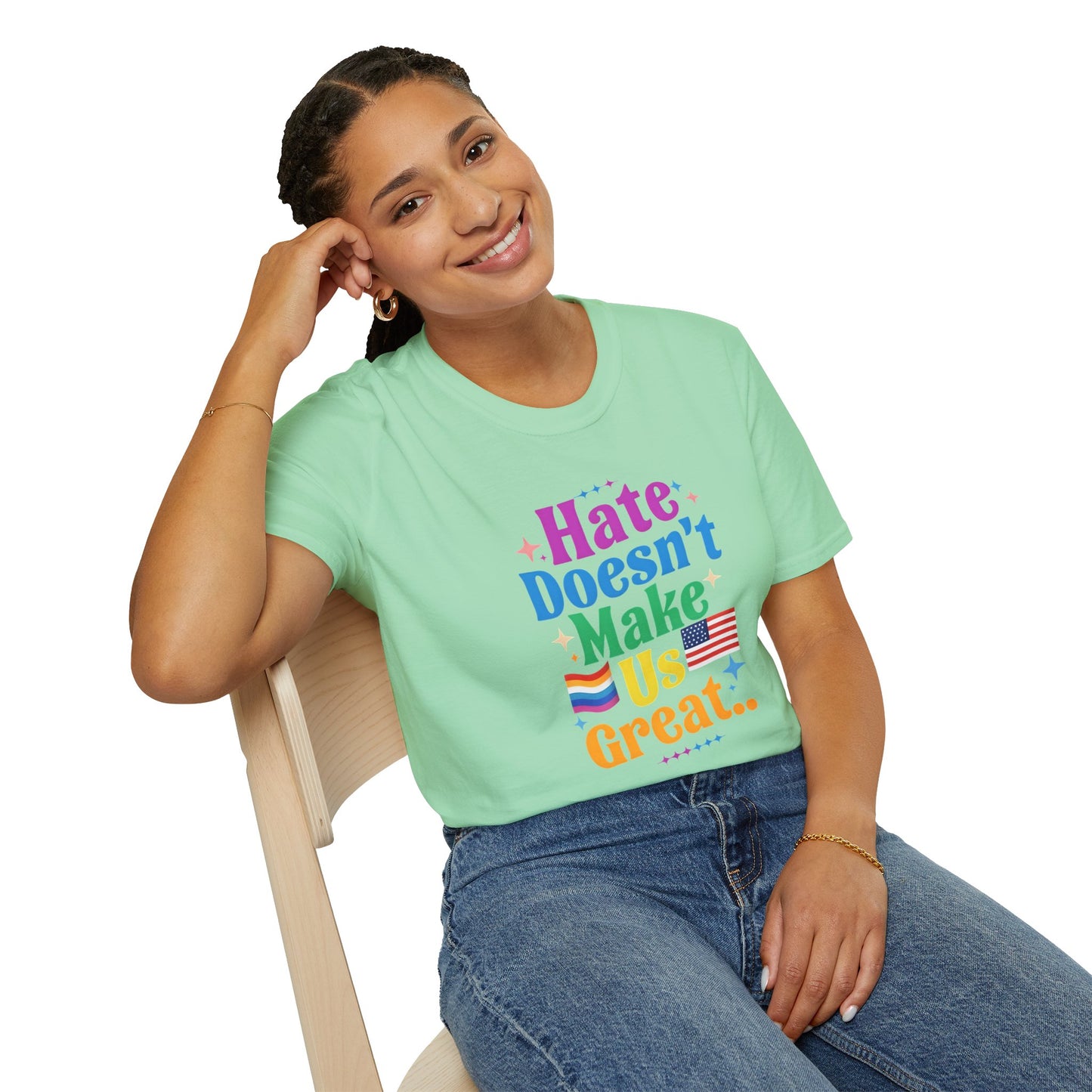 Hate Doesn't Make Us Great T-Shirt | Unisex Softstyle Tee, LGBTQ Pride, Equality, Love Wins, Rainbow Graphic Tee, Wearable Message
