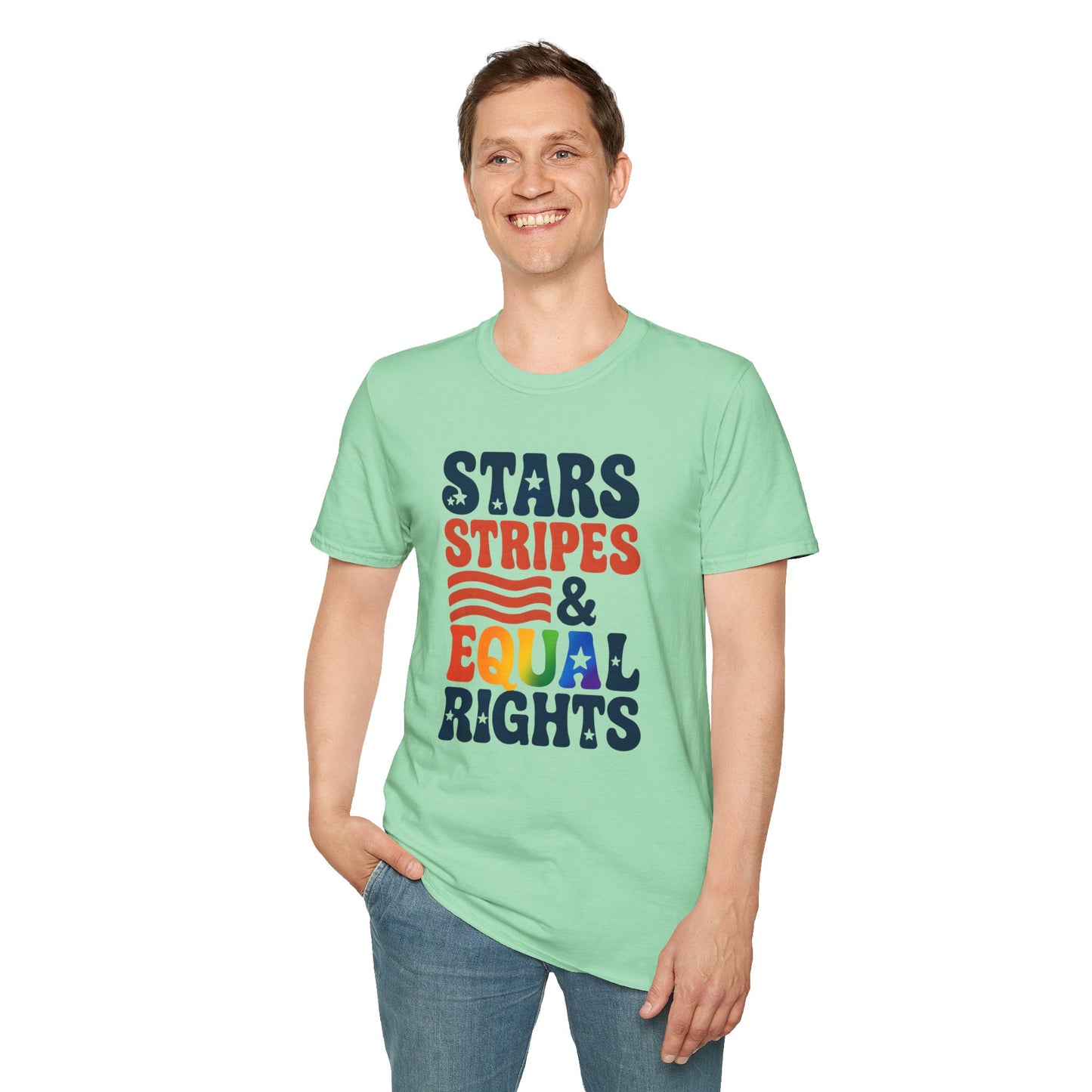 Stars Stripes and Equal Rights unisex tee, Casual protest Gift, LGBTQ tee, Unisex Softstyle Shirt,  Family Wear, gay rights