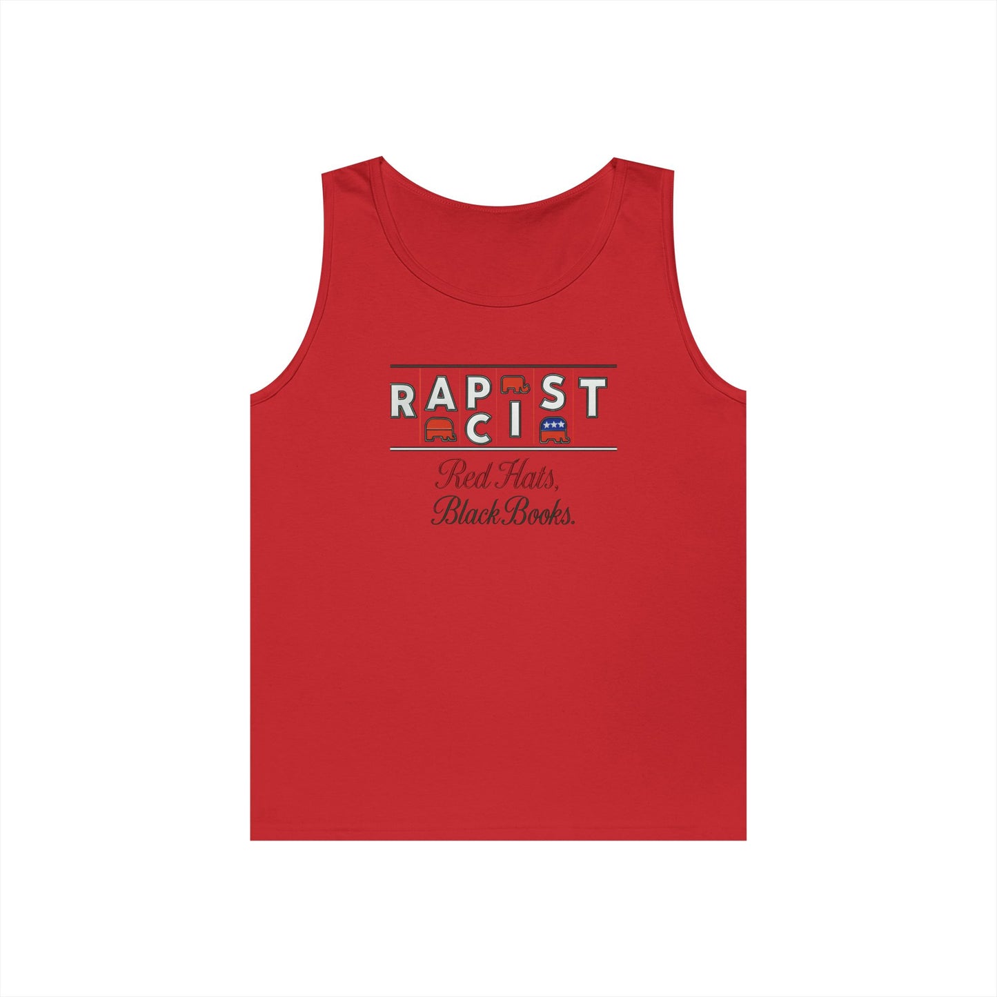 Red Hats, Black Books. Unisex Heavy Cotton Tank Top - Fun Summer Staple, Perfect for Festivals, Casual Wear, Gift for Book Lovers, Great for Hot Days