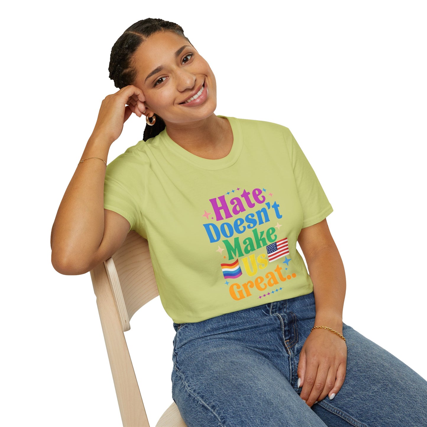Hate Doesn't Make Us Great T-Shirt | Unisex Softstyle Tee, LGBTQ Pride, Equality, Love Wins, Rainbow Graphic Tee, Wearable Message