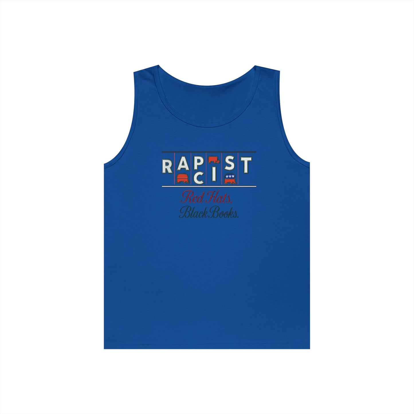 Red Hats, Black Books. Unisex Heavy Cotton Tank Top - Fun Summer Staple, Perfect for Festivals, Casual Wear, Gift for Book Lovers, Great for Hot Days