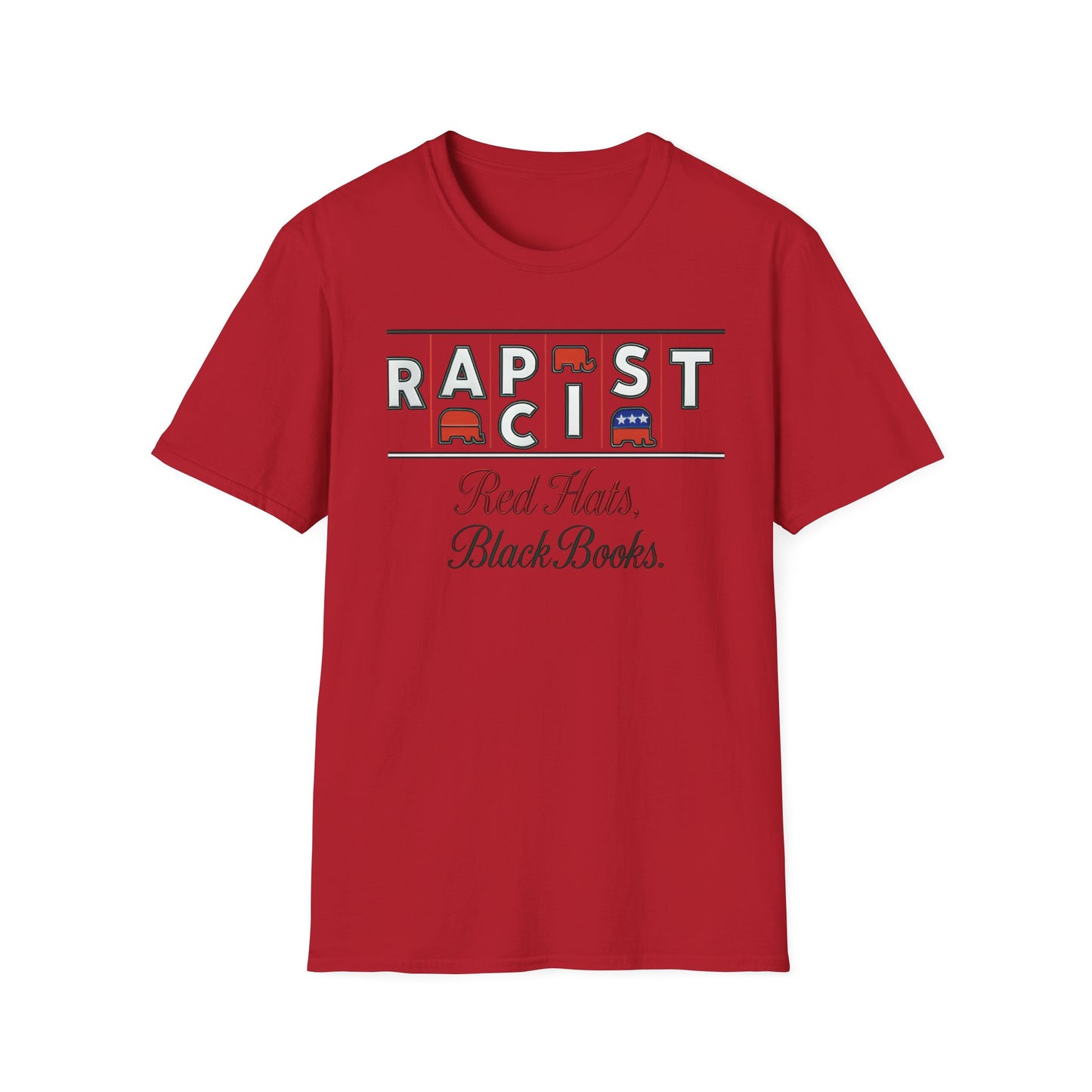 Red Hats, Black Book. Unisex Softstyle T-Shirt, Casual Tee, Statement Shirt, Political Humor, Gift for Activists, Unisex Graphic Tee