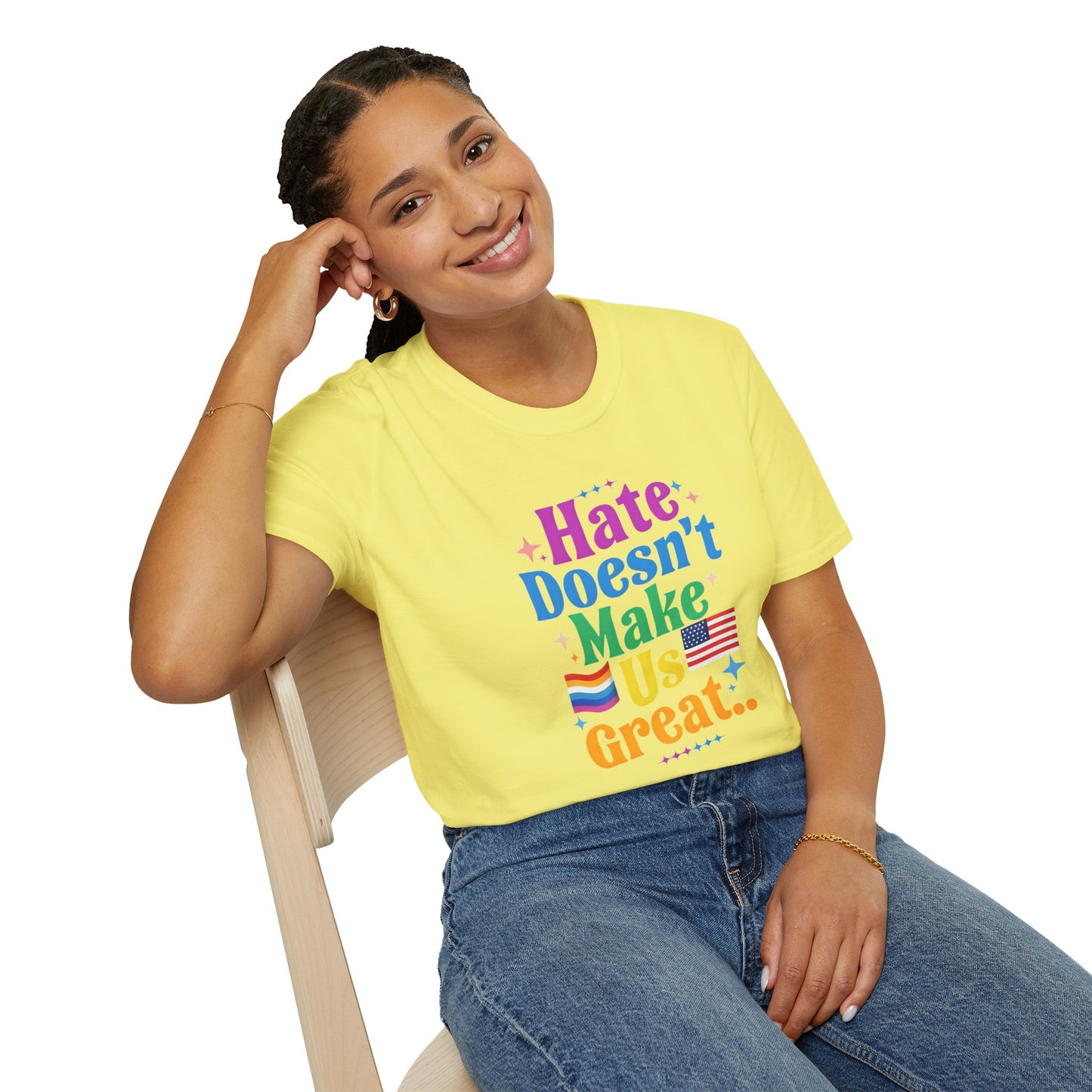 Hate Doesn't Make Us Great T-Shirt | Unisex Softstyle Tee, LGBTQ Pride, Equality, Love Wins, Rainbow Graphic Tee, Wearable Message
