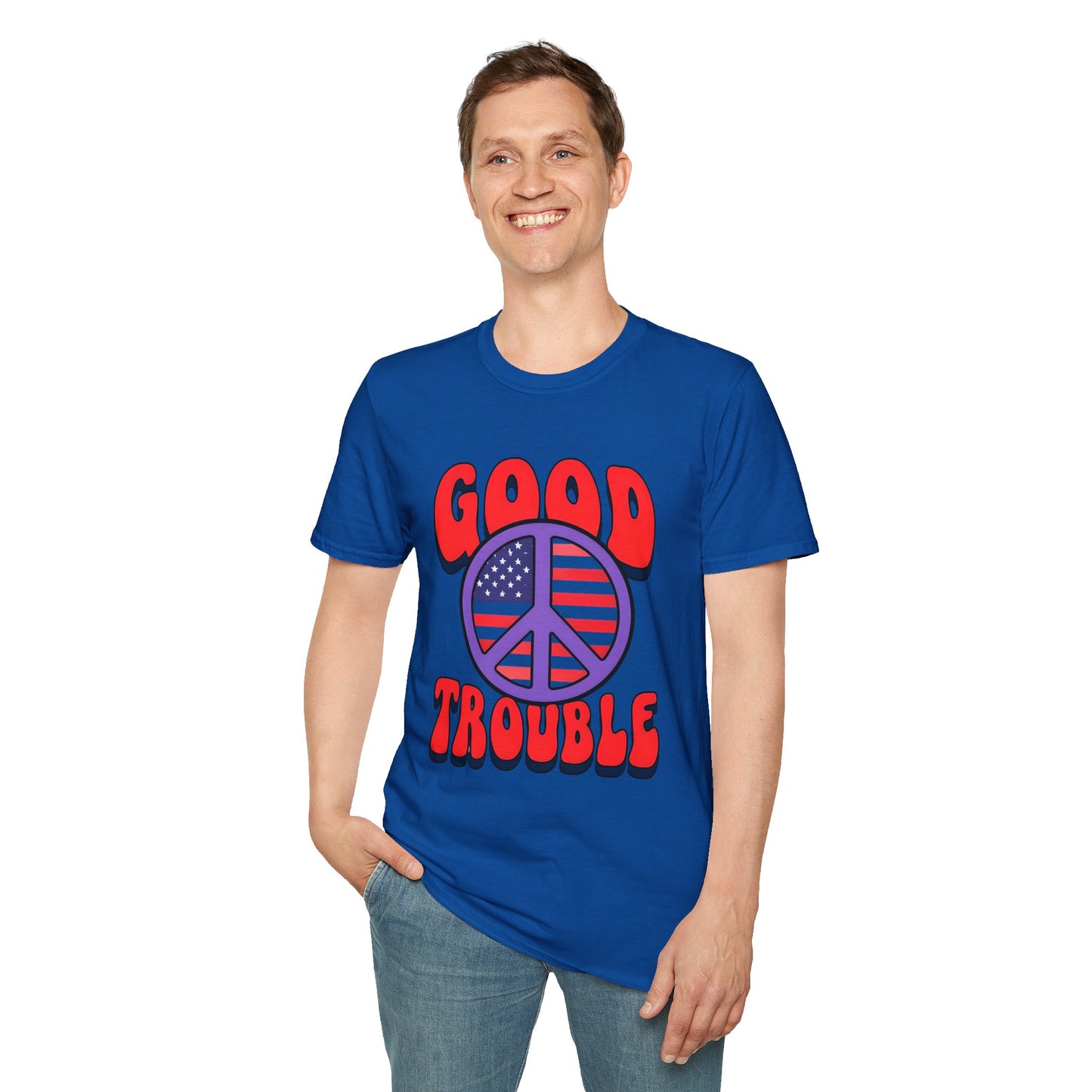 Peace & Good Trouble Unisex T-Shirt, Retro Graphic Tee, Casual Wear, Gift for Activists, July 4th Celebration Shirt