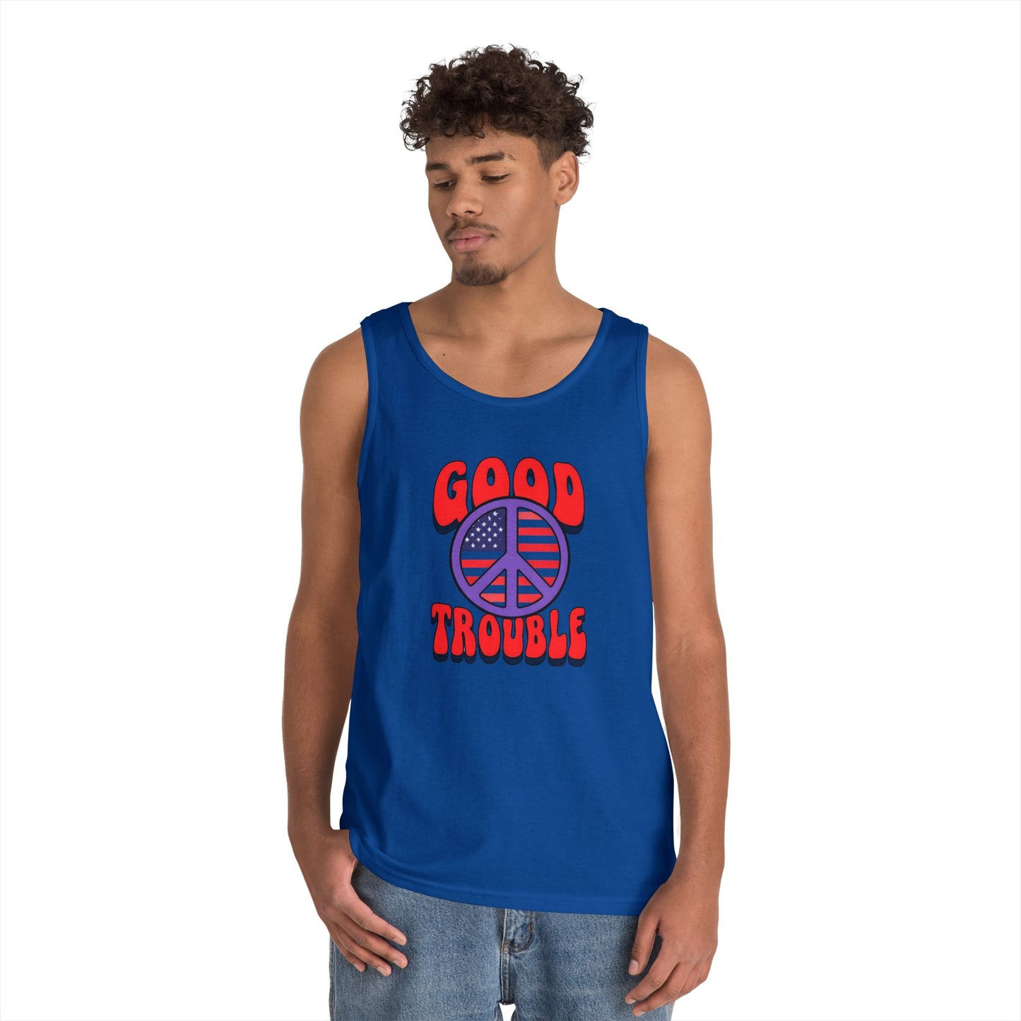 Patriotic Peace Tank Top - Unisex Heavy Cotton | Good Troubles Shirt for Summer, Beach, Travel, Festivals, BBQs