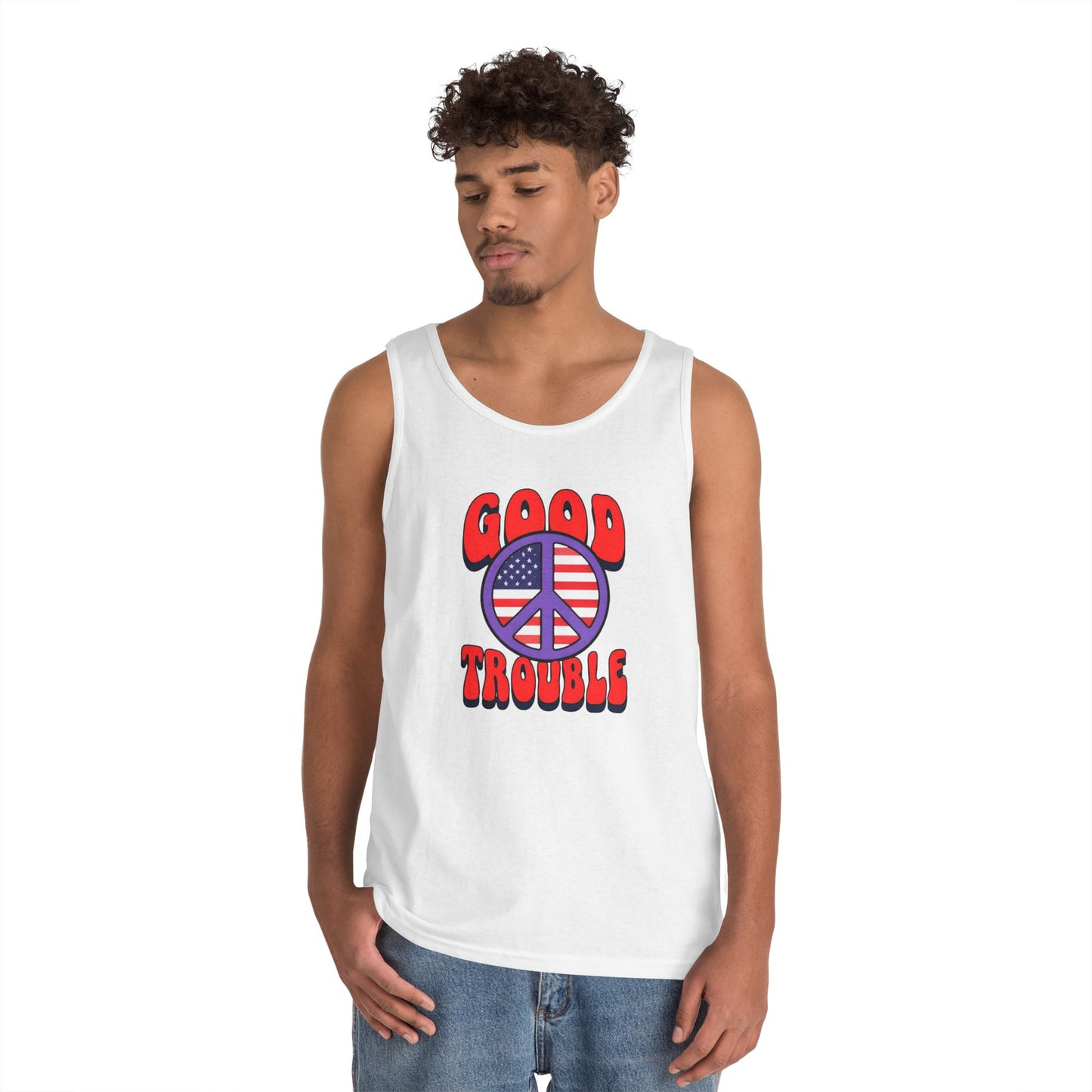 Patriotic Peace Tank Top - Unisex Heavy Cotton | Good Troubles Shirt for Summer, Beach, Travel, Festivals, BBQs