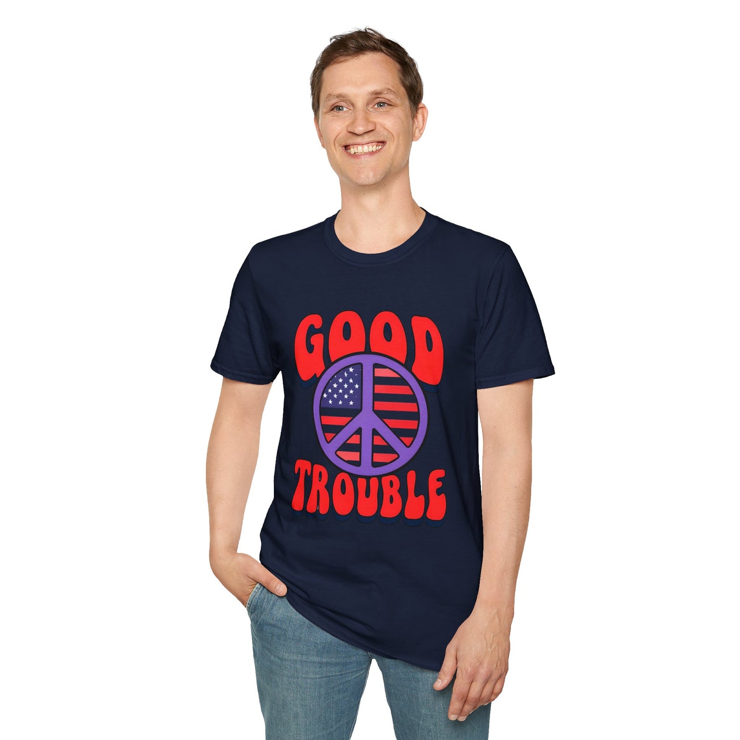 Peace & Good Trouble Unisex T-Shirt, Retro Graphic Tee, Casual Wear, Gift for Activists, July 4th Celebration Shirt