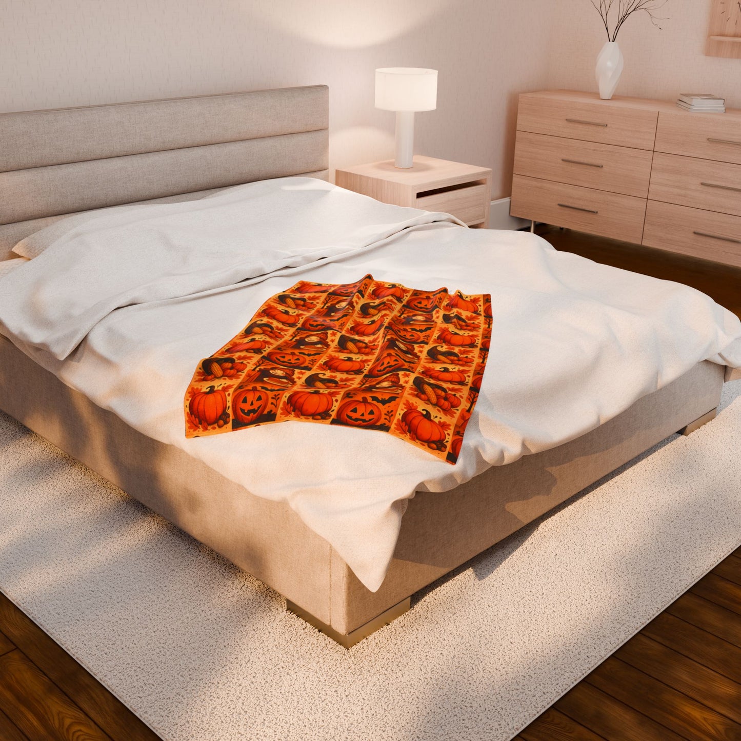 Autumn Themed Velveteen Plush Blanket, Cozy Fall Decor, Halloween Warmth, Pumpkin Blanket, Thanksgiving Gift, Seasonal Home Comfort