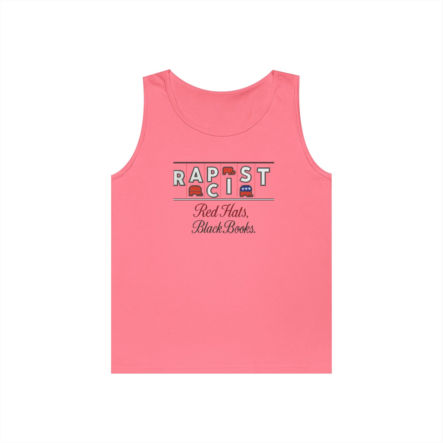 Red Hats, Black Books. Unisex Heavy Cotton Tank Top - Fun Summer Staple, Perfect for Festivals, Casual Wear, Gift for Book Lovers, Great for Hot Days