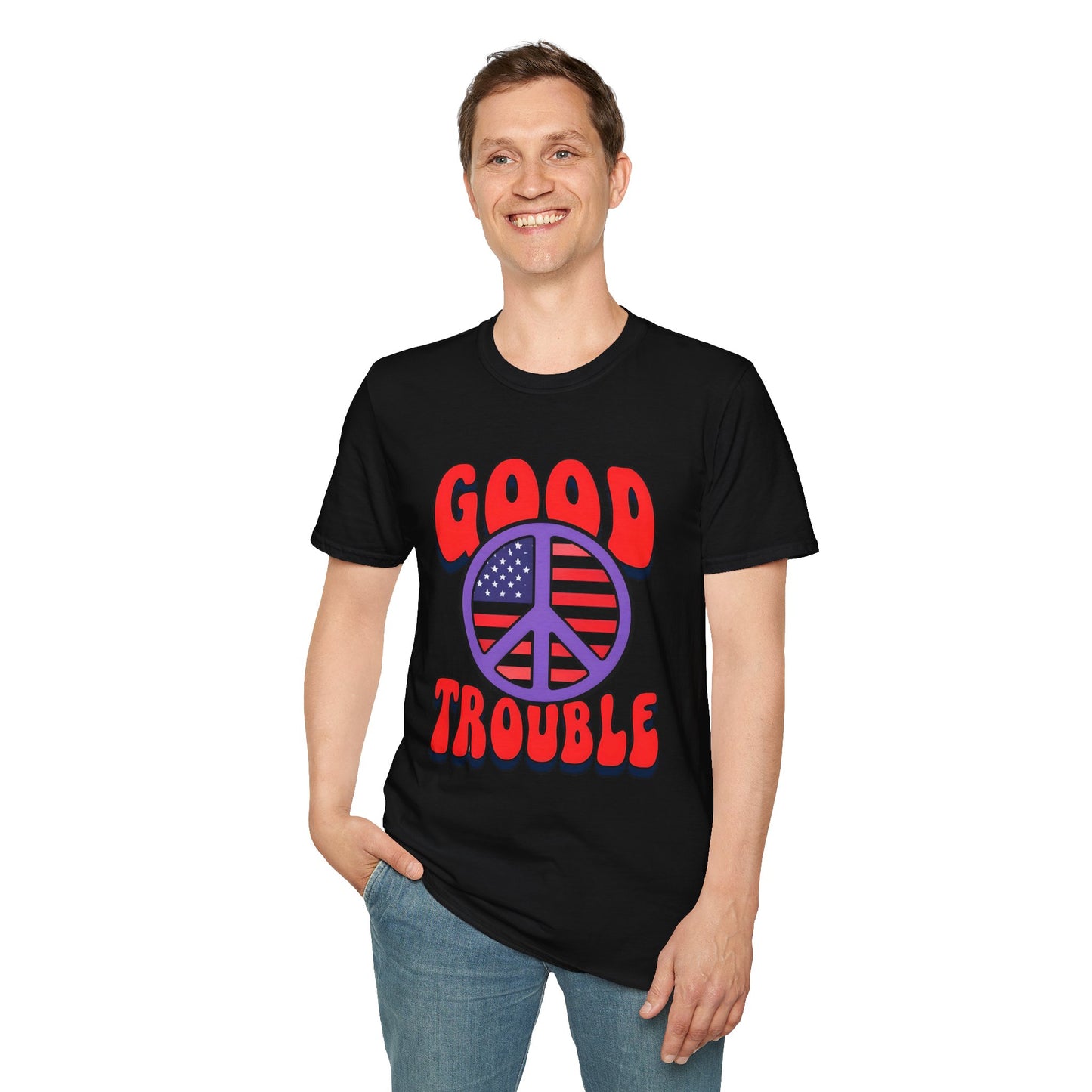 Peace & Good Trouble Unisex T-Shirt, Retro Graphic Tee, Casual Wear, Gift for Activists, July 4th Celebration Shirt