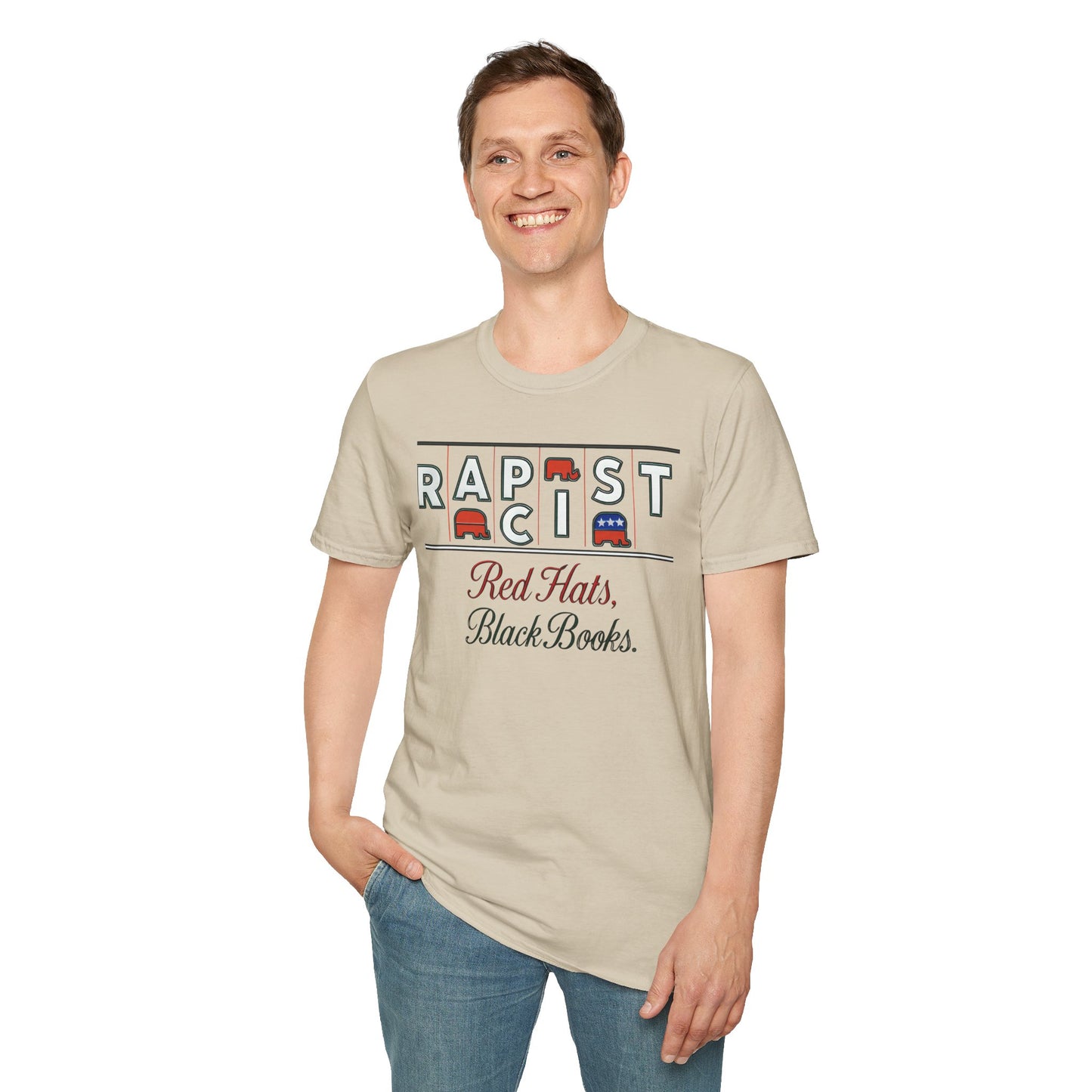 Red Hats, Black Book. Unisex Softstyle T-Shirt, Casual Tee, Statement Shirt, Political Humor, Gift for Activists, Unisex Graphic Tee