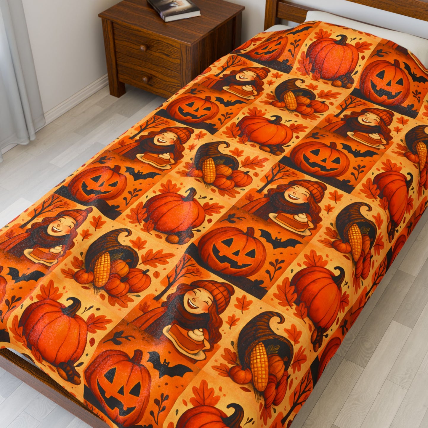 Autumn Themed Velveteen Plush Blanket, Cozy Fall Decor, Halloween Warmth, Pumpkin Blanket, Thanksgiving Gift, Seasonal Home Comfort