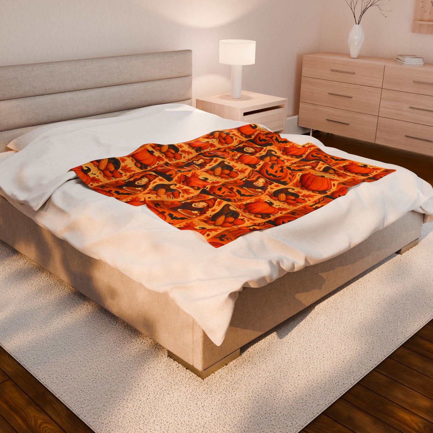 Autumn Themed Velveteen Plush Blanket, Cozy Fall Decor, Halloween Warmth, Pumpkin Blanket, Thanksgiving Gift, Seasonal Home Comfort