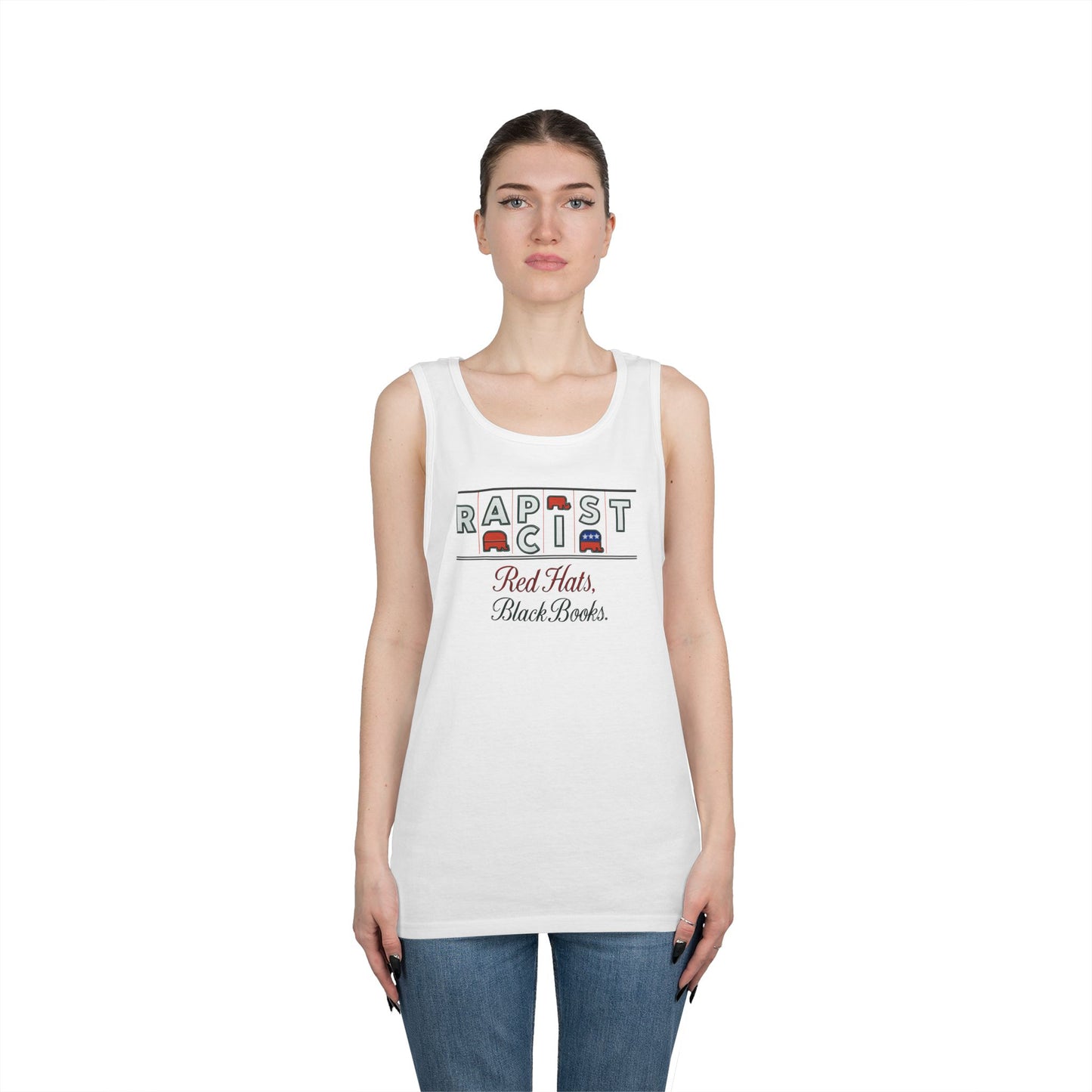 Red Hats, Black Books. Unisex Heavy Cotton Tank Top - Fun Summer Staple, Perfect for Festivals, Casual Wear, Gift for Book Lovers, Great for Hot Days