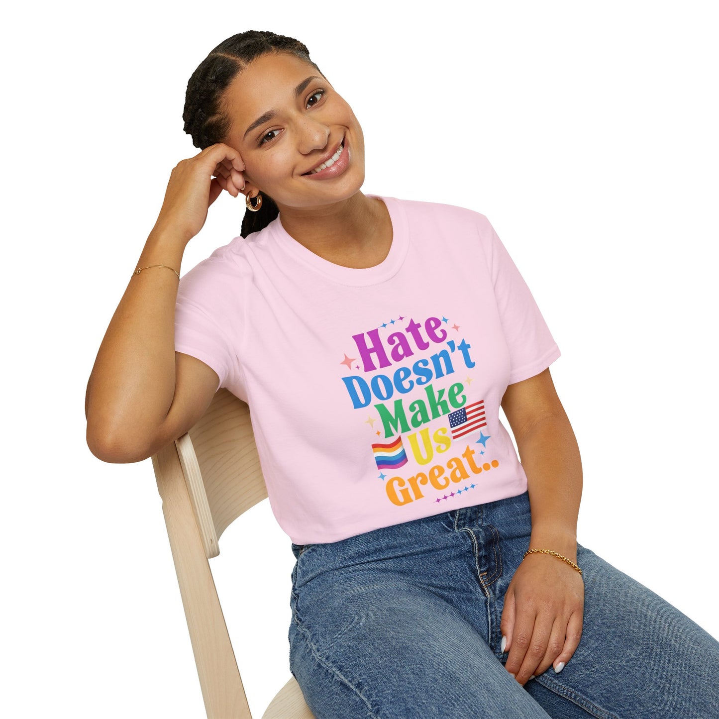 Hate Doesn't Make Us Great T-Shirt | Unisex Softstyle Tee, LGBTQ Pride, Equality, Love Wins, Rainbow Graphic Tee, Wearable Message