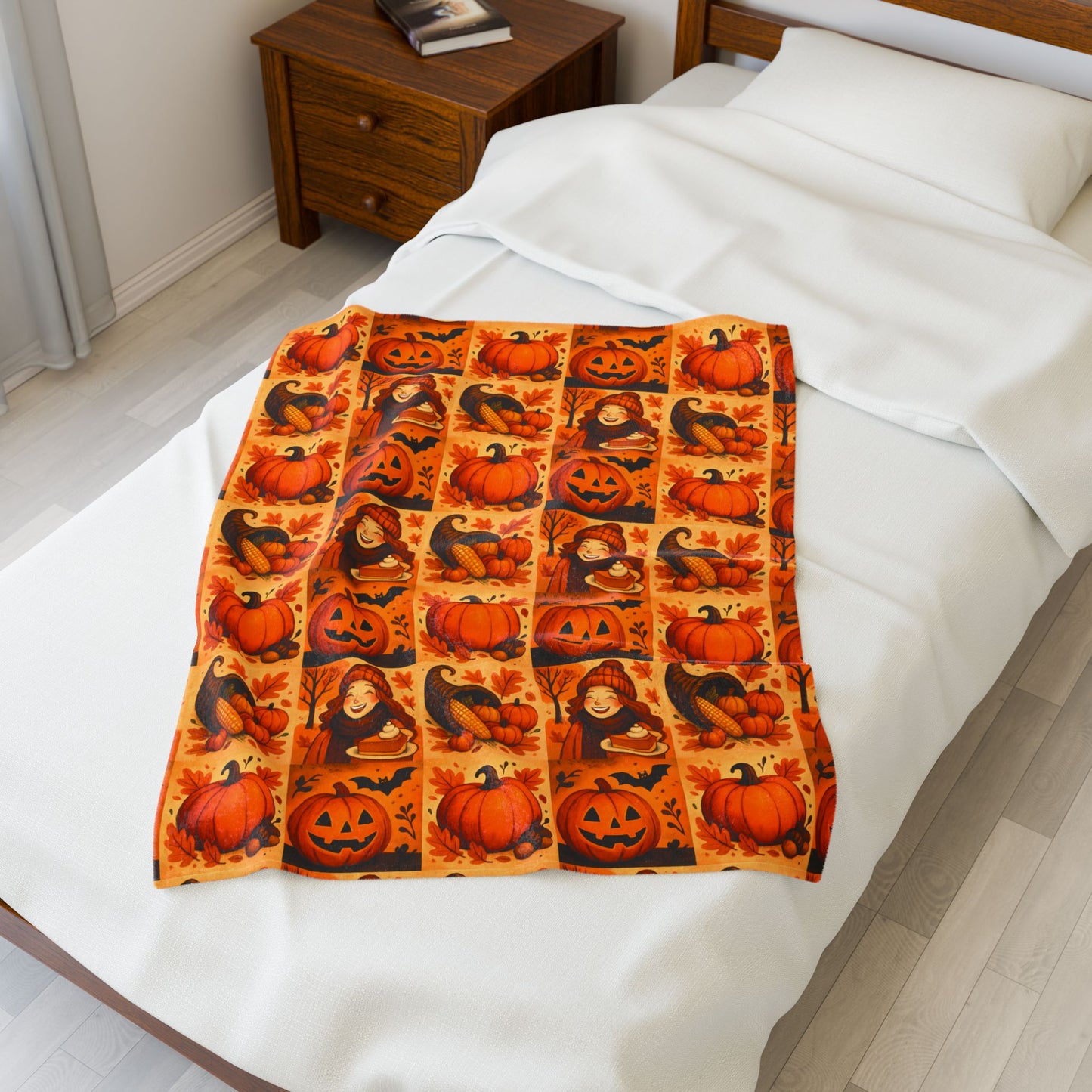 Autumn Themed Velveteen Plush Blanket, Cozy Fall Decor, Halloween Warmth, Pumpkin Blanket, Thanksgiving Gift, Seasonal Home Comfort