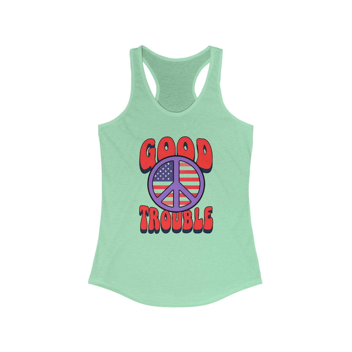 Good Trouble Women's Racerback Tank Top, Peace Design, Summer Top, Workout Apparel, Gift for Activists, Casual Wear