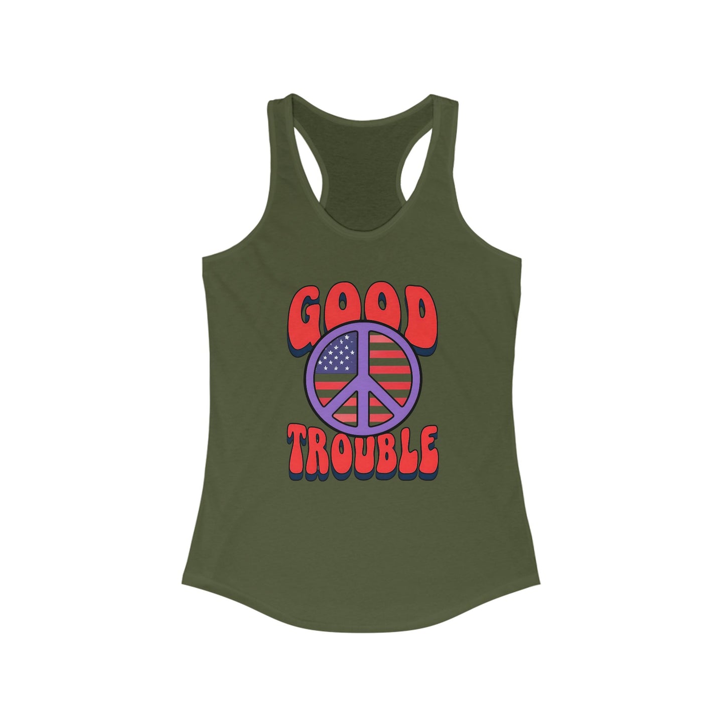 Good Trouble Women's Racerback Tank Top, Peace Design, Summer Top, Workout Apparel, Gift for Activists, Casual Wear