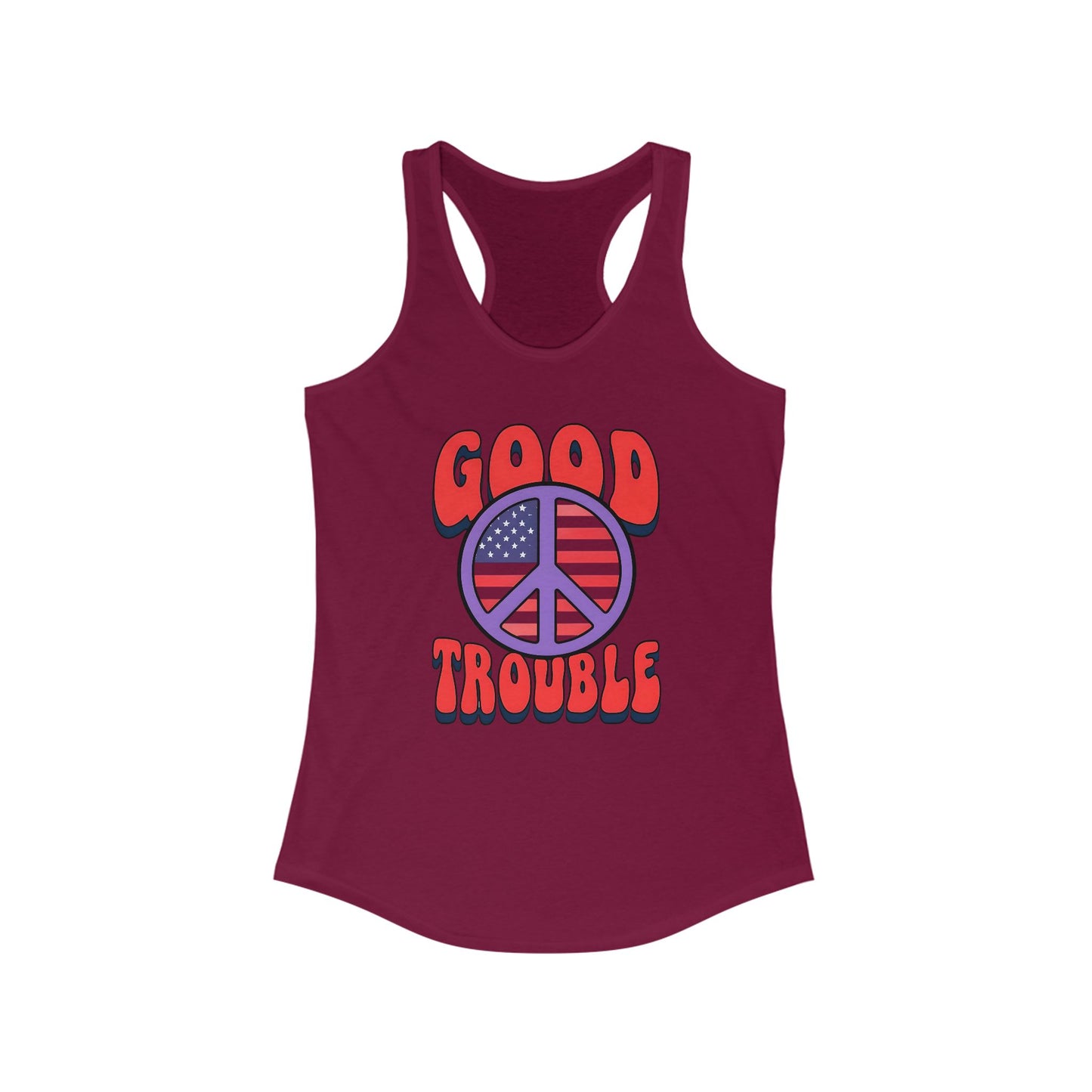 Good Trouble Women's Racerback Tank Top, Peace Design, Summer Top, Workout Apparel, Gift for Activists, Casual Wear