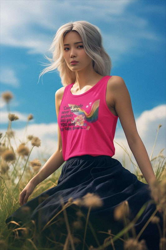 Cause shade never made anybody less gay, YOU need to calm down..  Racerback Tank -  LGBTQ+ Pride, Daywear, Yoga, Beachwear, Gift Ideas