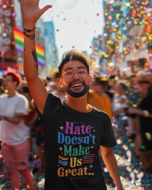 Hate Doesn't Make Us Great T-Shirt | Unisex Softstyle Tee, LGBTQ Pride, Equality, Love Wins, Rainbow Graphic Tee, Wearable Message