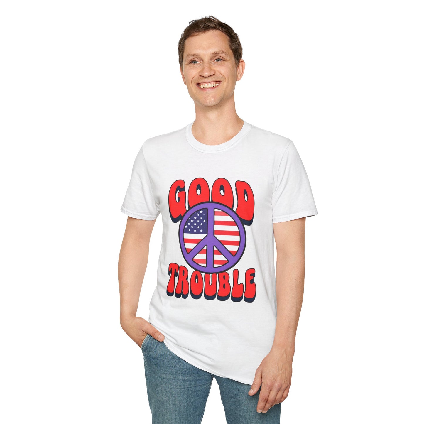 Peace & Good Trouble Unisex T-Shirt, Retro Graphic Tee, Casual Wear, Gift for Activists, July 4th Celebration Shirt
