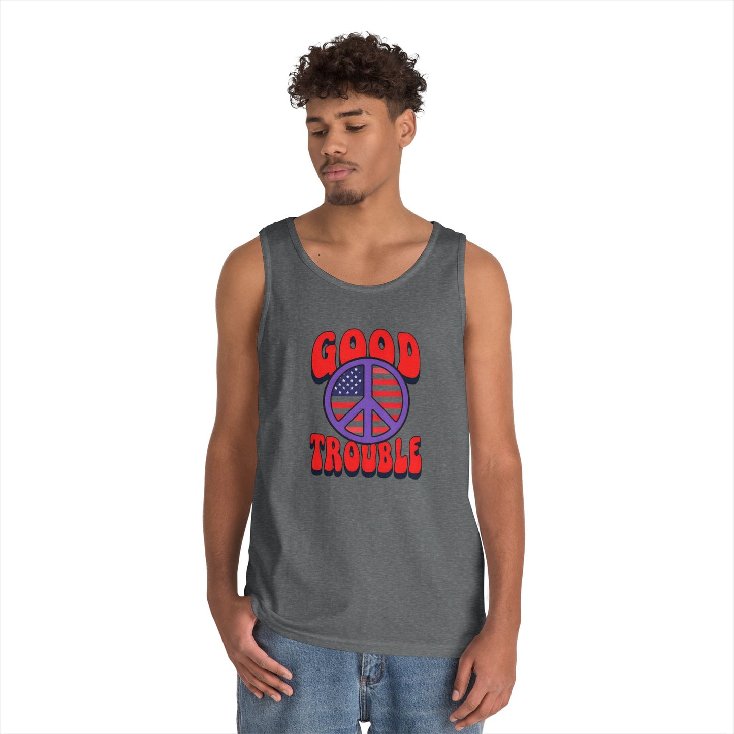 Patriotic Peace Tank Top - Unisex Heavy Cotton | Good Troubles Shirt for Summer, Beach, Travel, Festivals, BBQs