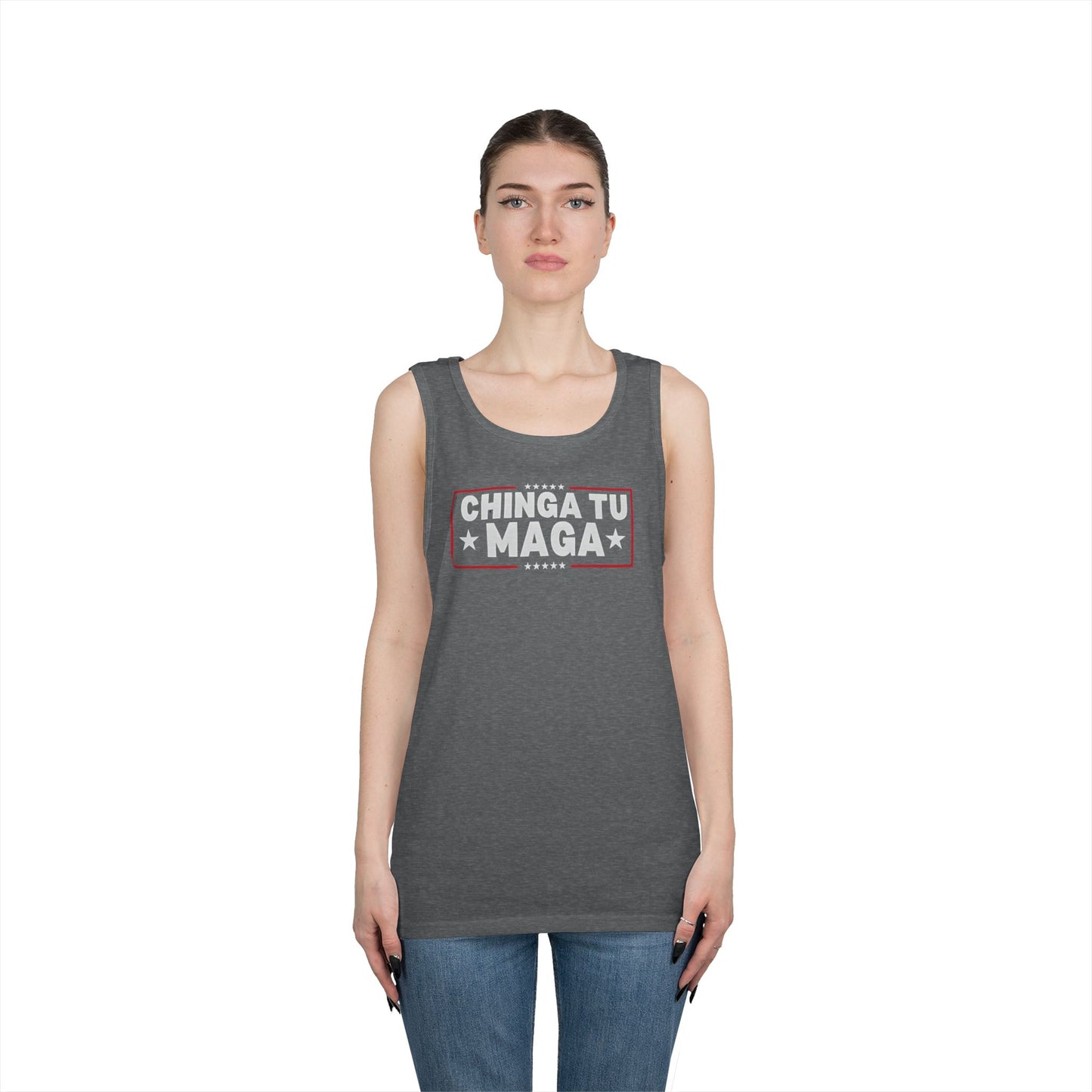 Chinga Tu Maga Tank Top | Unisex Heavy Cotton Tank | Casual Summer Wear, Funny Gift, Party Outfit, LGBTQ+ Pride Apparel, Statement Tee