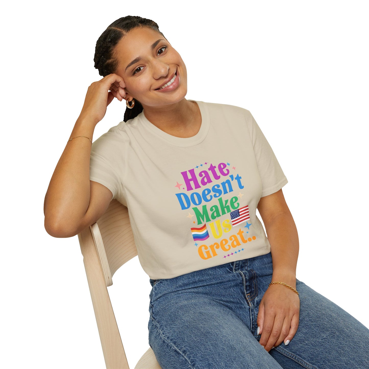 Hate Doesn't Make Us Great T-Shirt | Unisex Softstyle Tee, LGBTQ Pride, Equality, Love Wins, Rainbow Graphic Tee, Wearable Message