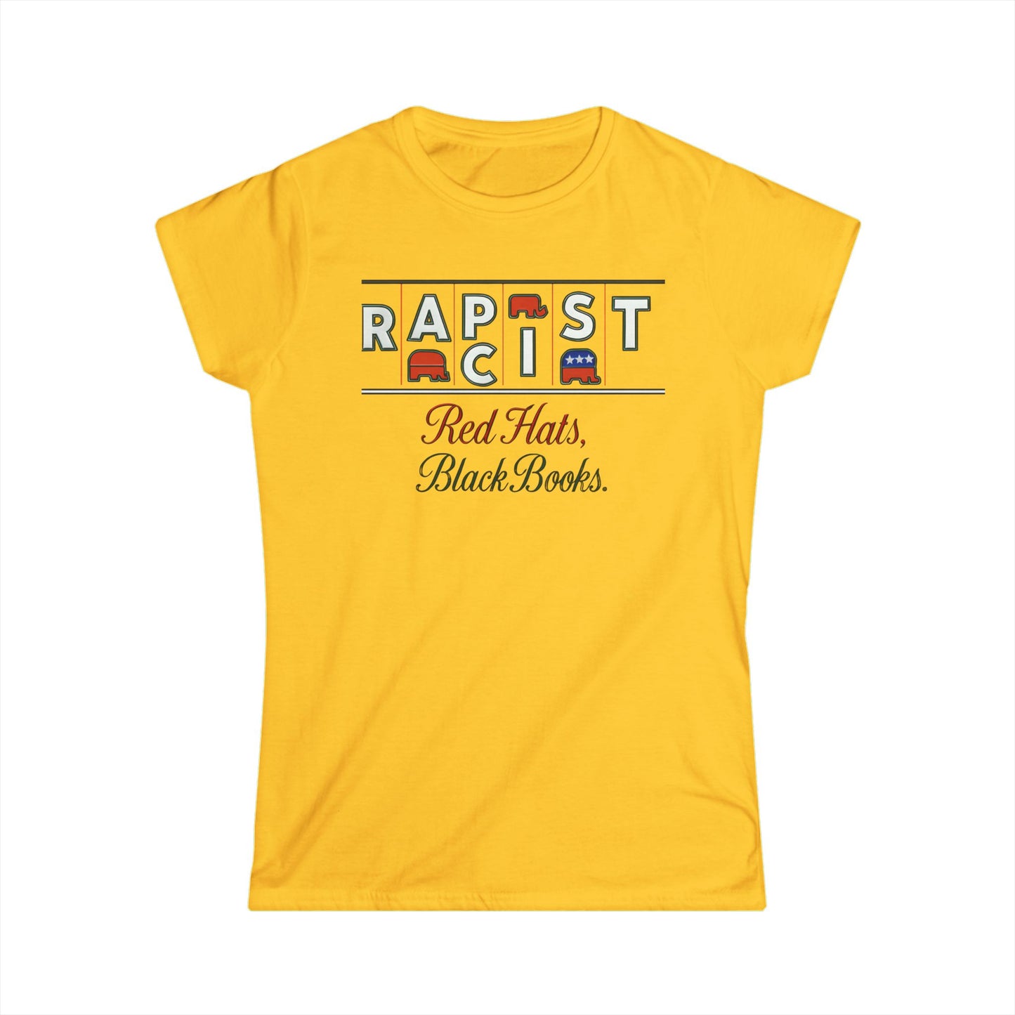 Red Hats, Black Books. Women’s Softstyle Tee: Bold Statement Shirt for Activists, Everyday Wear, Gifts for Friends, Protest Apparel, Comfortable Fashion