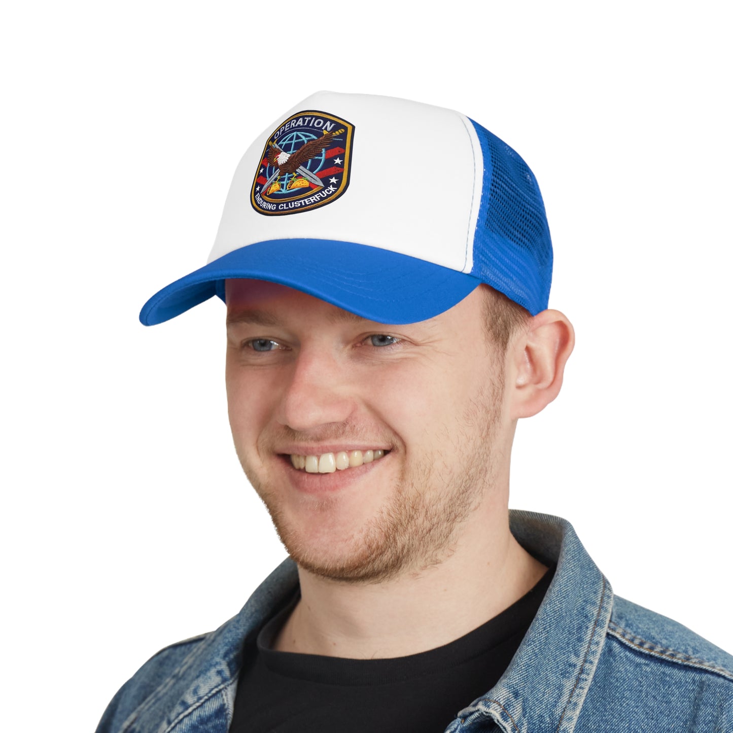 Operation Clusterfuck Mesh Cap, Trucker Hat, Military Cap, Red, White and Blue Fitted Hat, Outdoor Sports Hat, Gift for Veterans