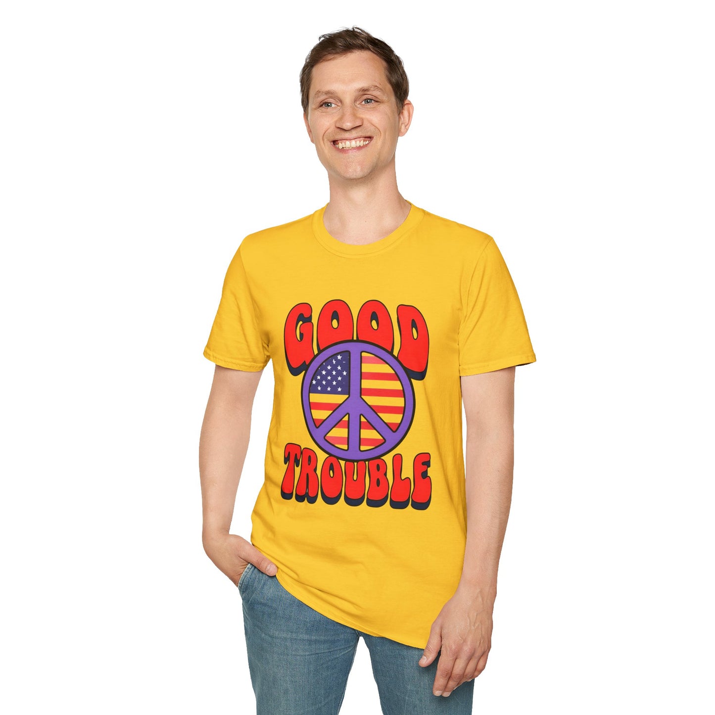 Peace & Good Trouble Unisex T-Shirt, Retro Graphic Tee, Casual Wear, Gift for Activists, July 4th Celebration Shirt