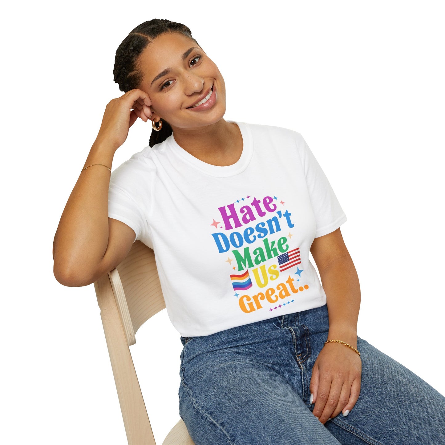 Hate Doesn't Make Us Great T-Shirt | Unisex Softstyle Tee, LGBTQ Pride, Equality, Love Wins, Rainbow Graphic Tee, Wearable Message