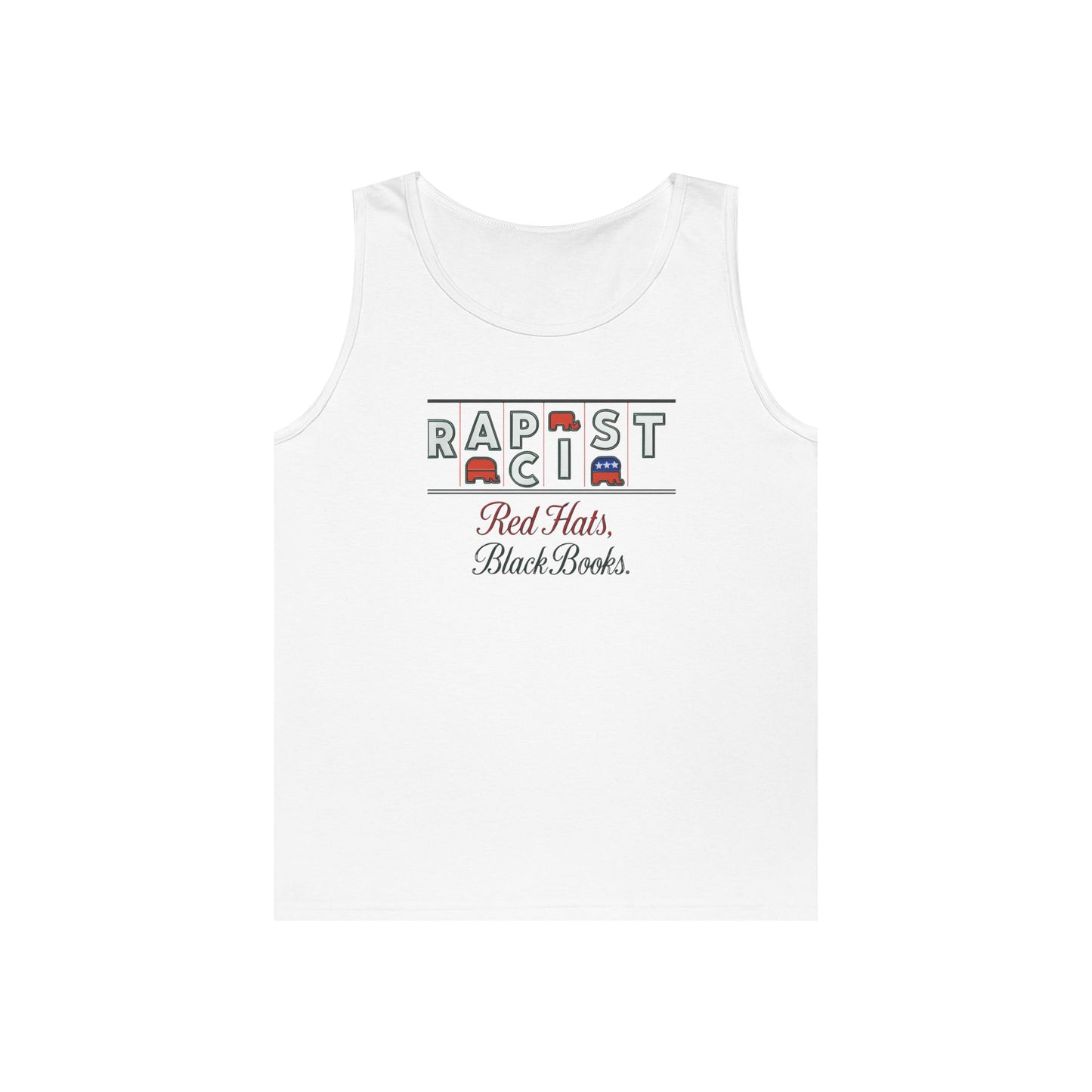 Red Hats, Black Books. Unisex Heavy Cotton Tank Top - Fun Summer Staple, Perfect for Festivals, Casual Wear, Gift for Book Lovers, Great for Hot Days