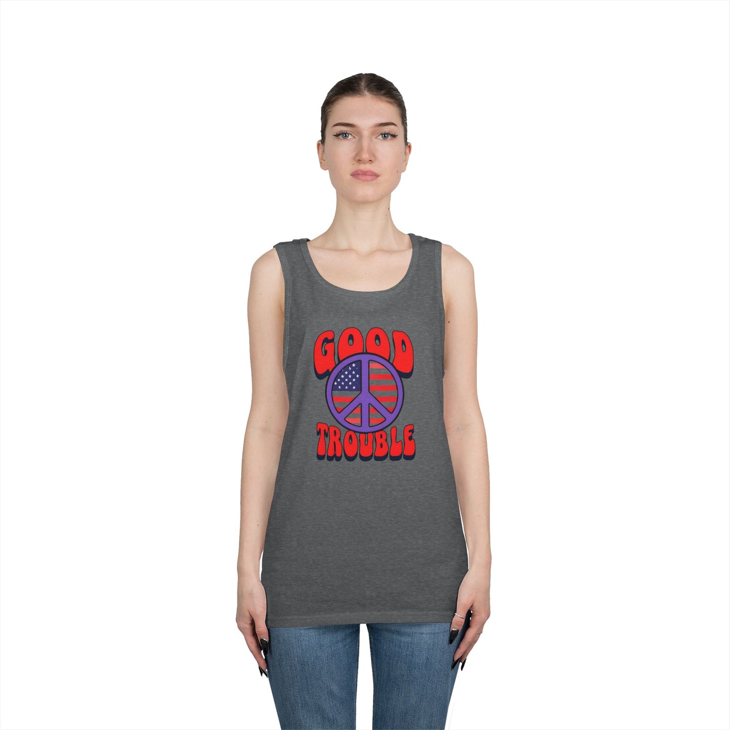 Patriotic Peace Tank Top - Unisex Heavy Cotton | Good Troubles Shirt for Summer, Beach, Travel, Festivals, BBQs