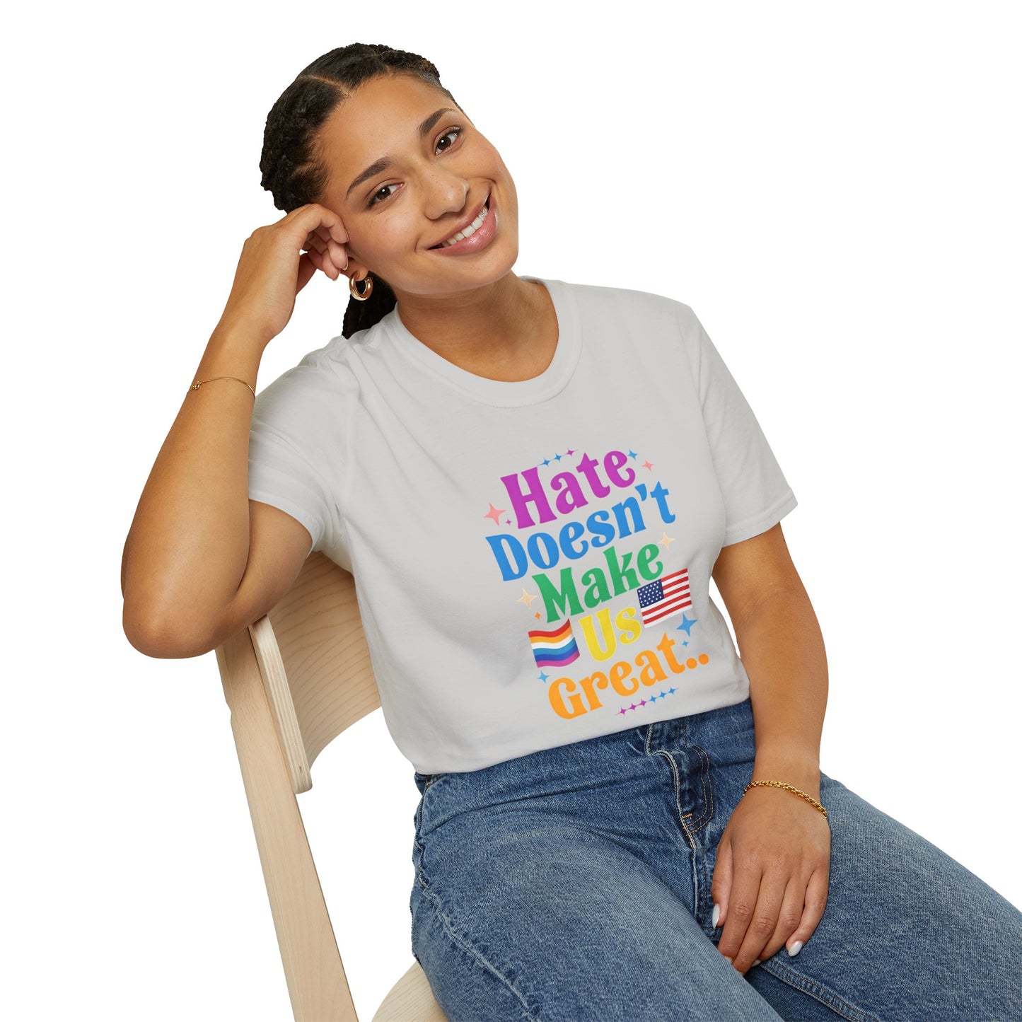 Hate Doesn't Make Us Great T-Shirt | Unisex Softstyle Tee, LGBTQ Pride, Equality, Love Wins, Rainbow Graphic Tee, Wearable Message