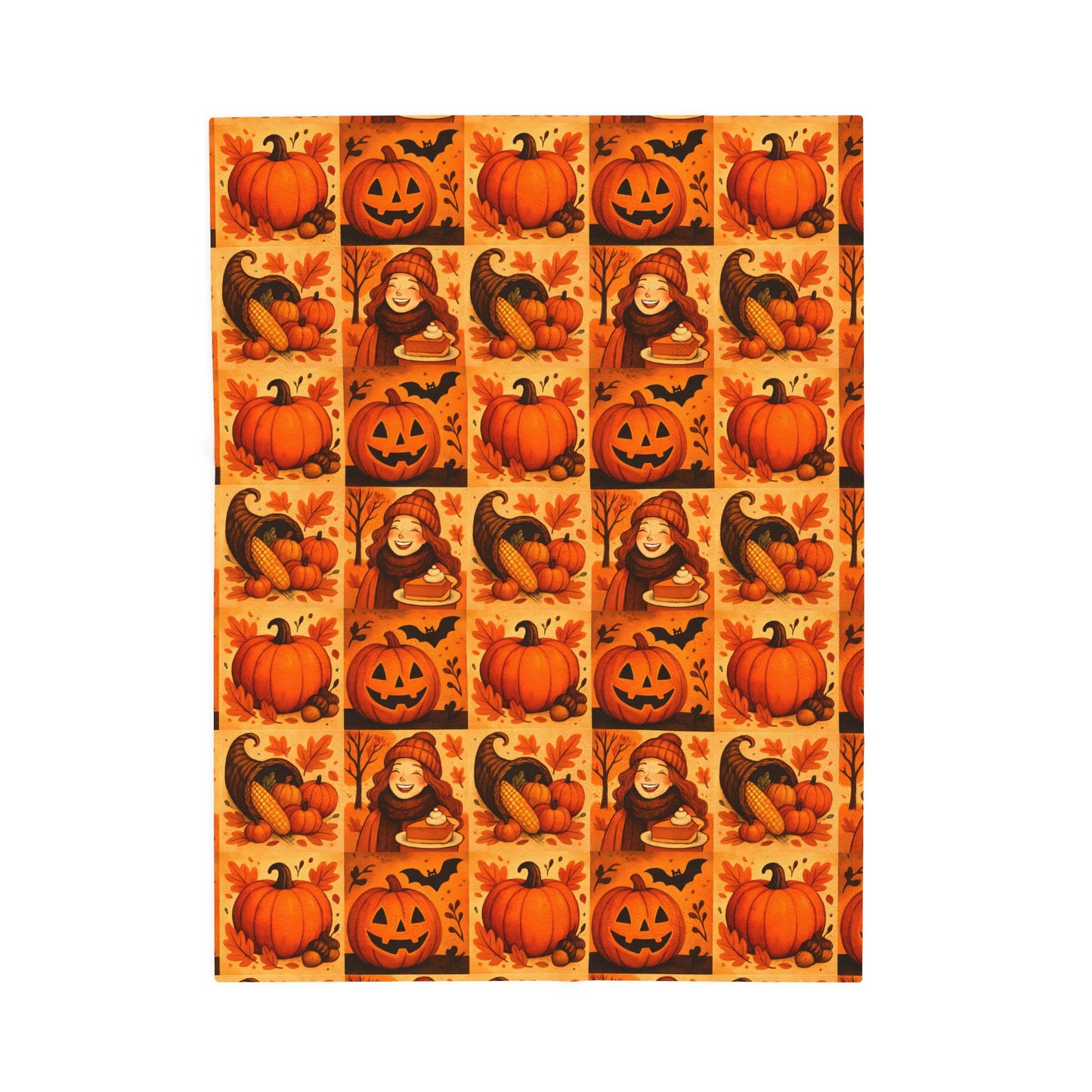 Autumn Themed Velveteen Plush Blanket, Cozy Fall Decor, Halloween Warmth, Pumpkin Blanket, Thanksgiving Gift, Seasonal Home Comfort