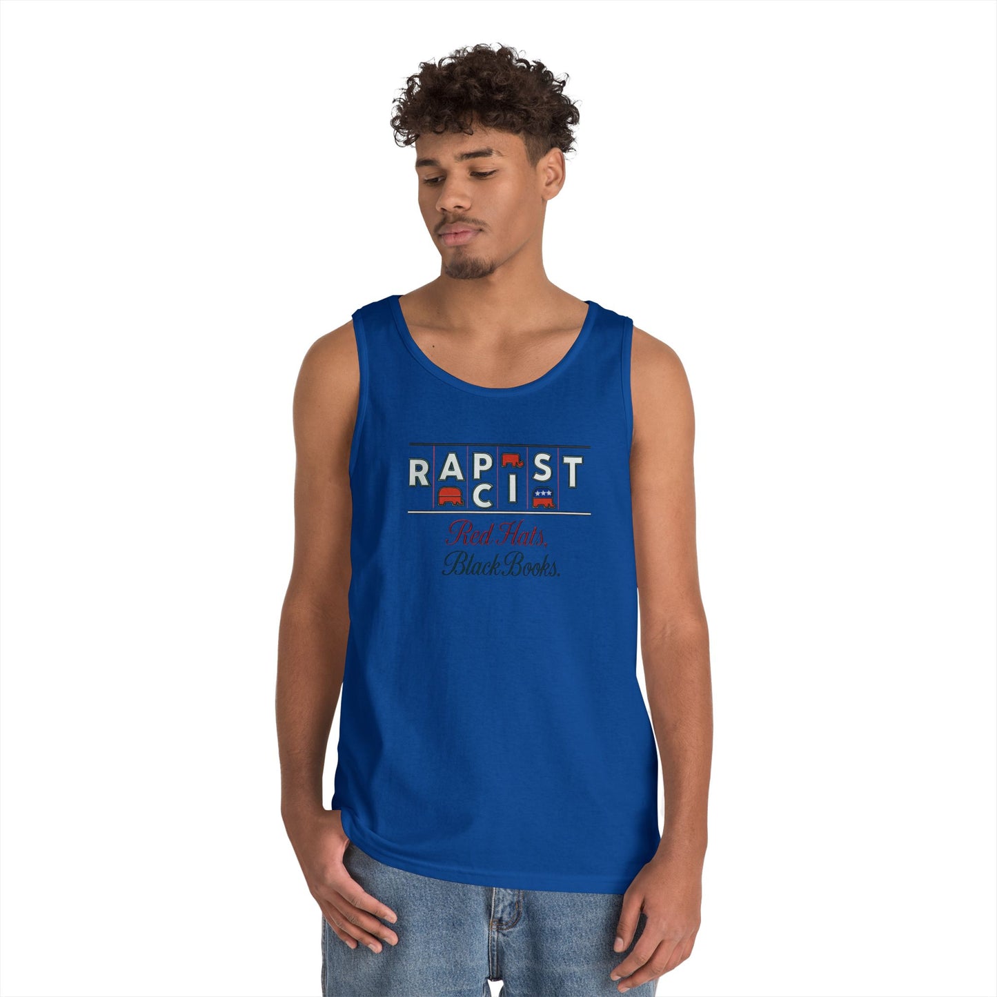 Red Hats, Black Books. Unisex Heavy Cotton Tank Top - Fun Summer Staple, Perfect for Festivals, Casual Wear, Gift for Book Lovers, Great for Hot Days