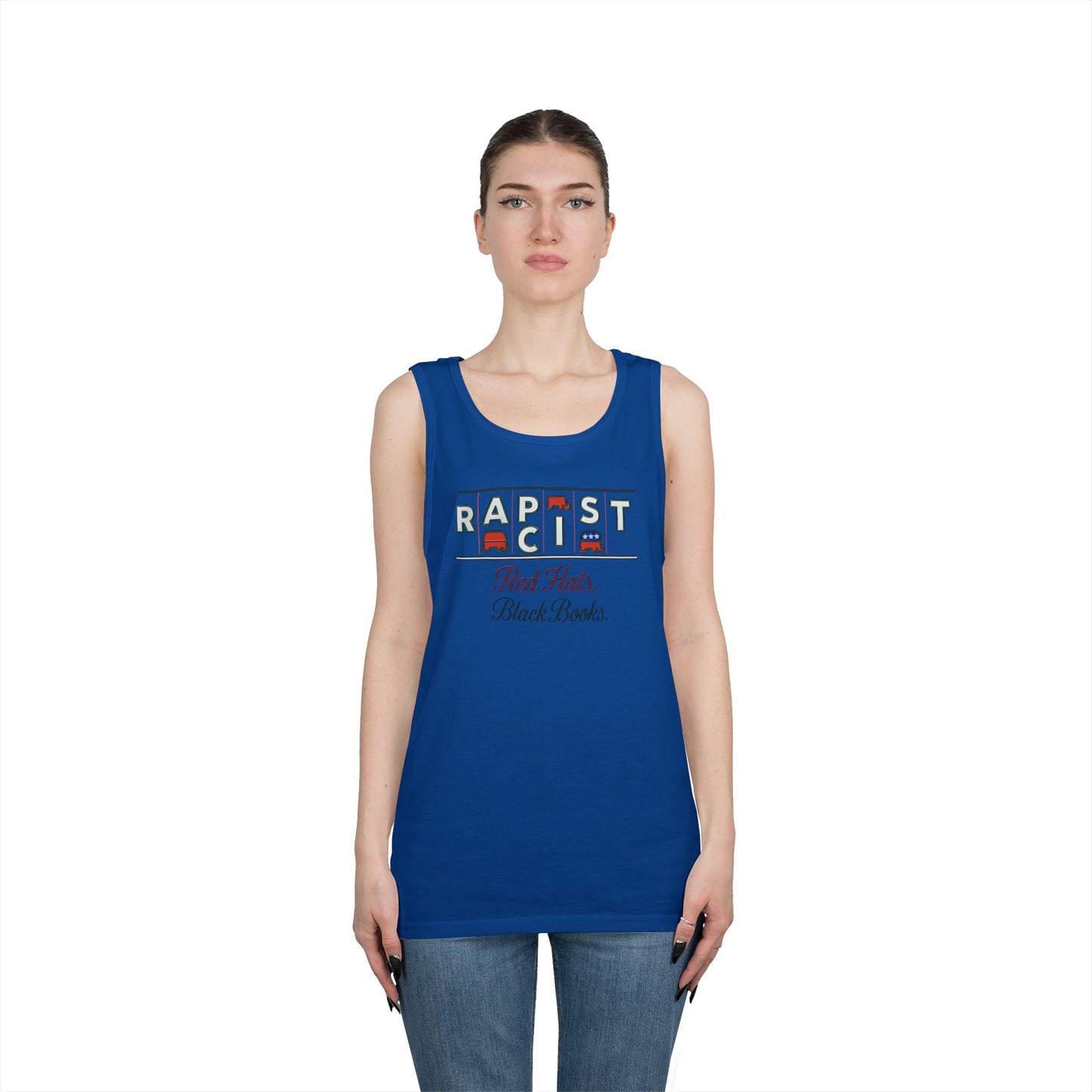 Red Hats, Black Books. Unisex Heavy Cotton Tank Top - Fun Summer Staple, Perfect for Festivals, Casual Wear, Gift for Book Lovers, Great for Hot Days