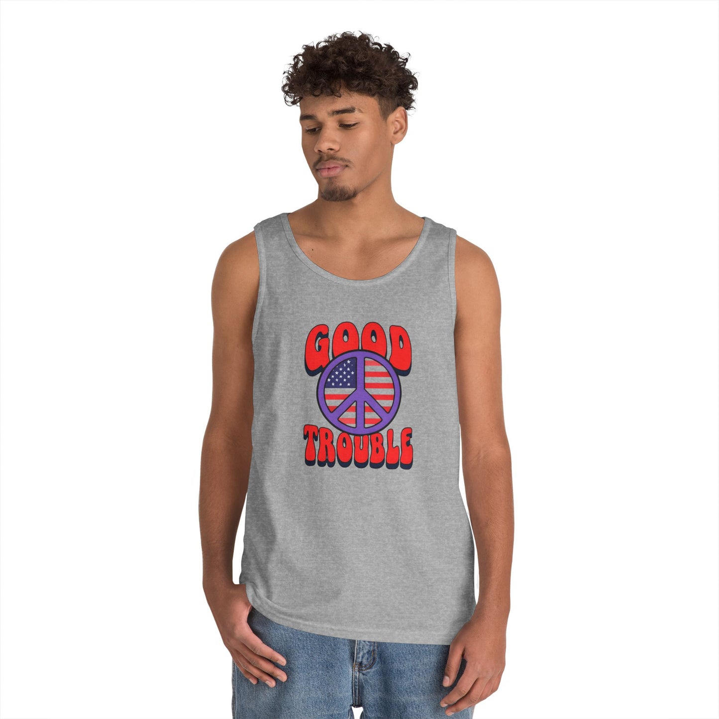 Patriotic Peace Tank Top - Unisex Heavy Cotton | Good Troubles Shirt for Summer, Beach, Travel, Festivals, BBQs