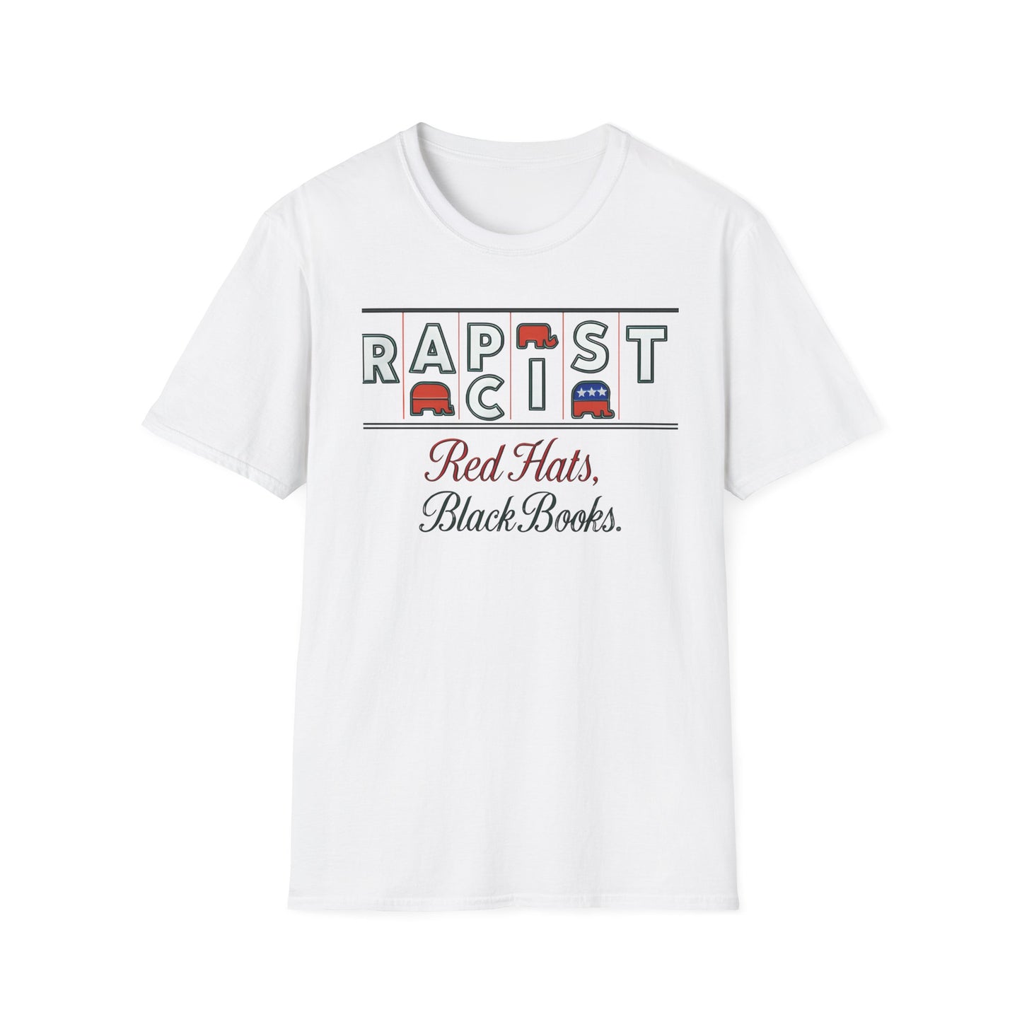 Red Hats, Black Book. Unisex Softstyle T-Shirt, Casual Tee, Statement Shirt, Political Humor, Gift for Activists, Unisex Graphic Tee