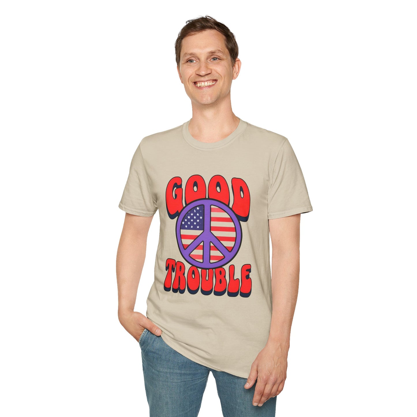 Peace & Good Trouble Unisex T-Shirt, Retro Graphic Tee, Casual Wear, Gift for Activists, July 4th Celebration Shirt