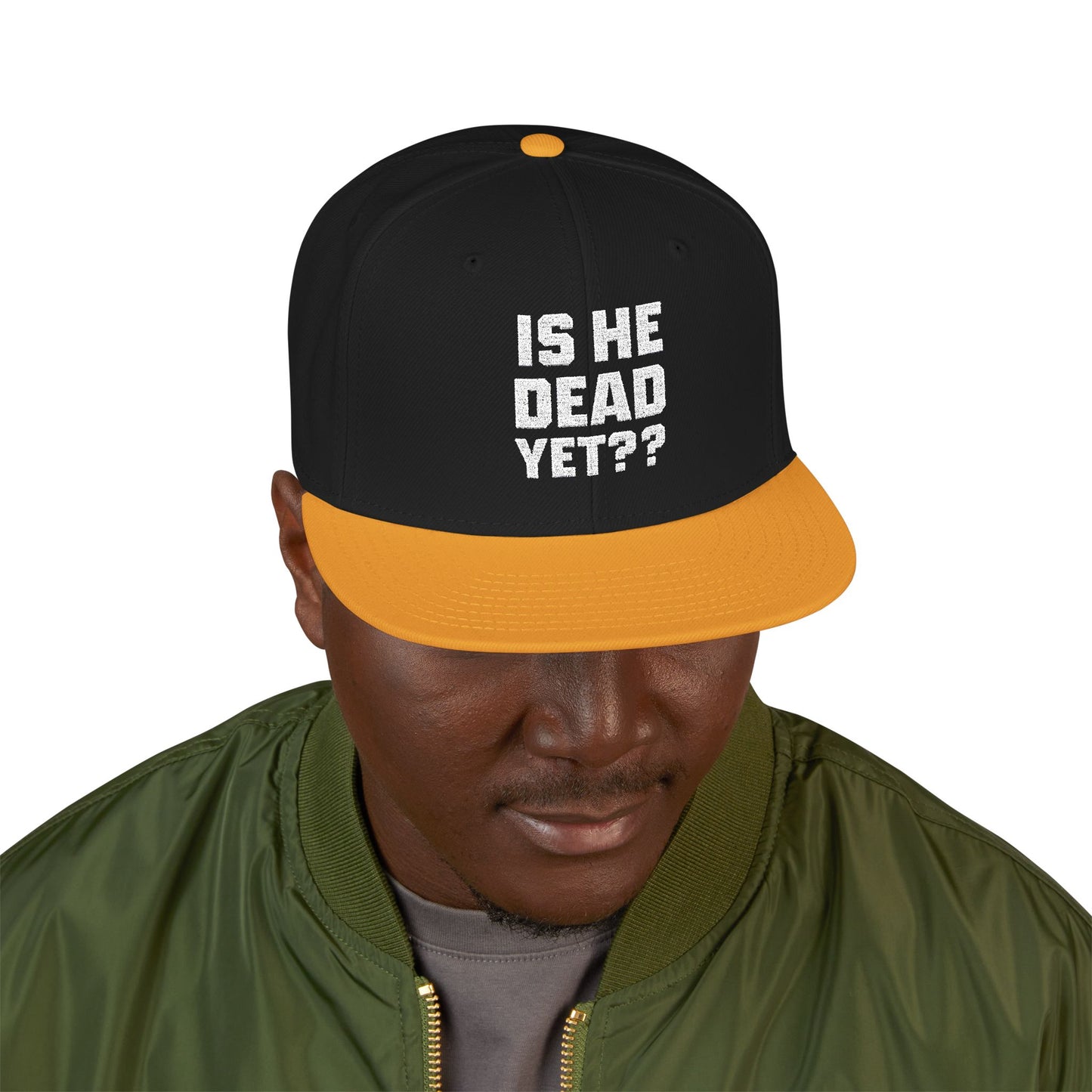Is He Dead Yet?? Snapback Hat, Humorous Embroidered Cap, Casual Headwear for Friends, Party Accessory, Gift for Gamers