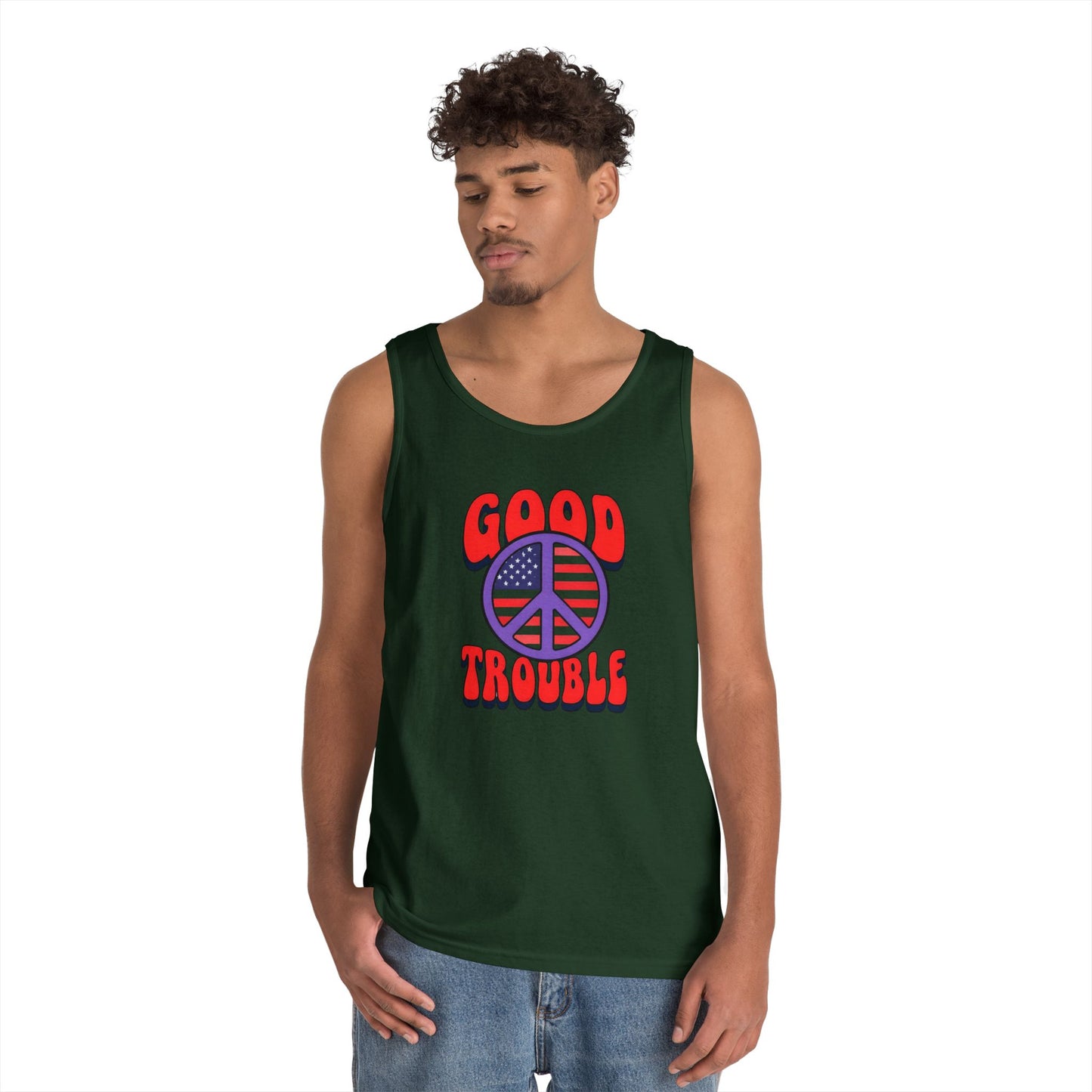 Patriotic Peace Tank Top - Unisex Heavy Cotton | Good Troubles Shirt for Summer, Beach, Travel, Festivals, BBQs