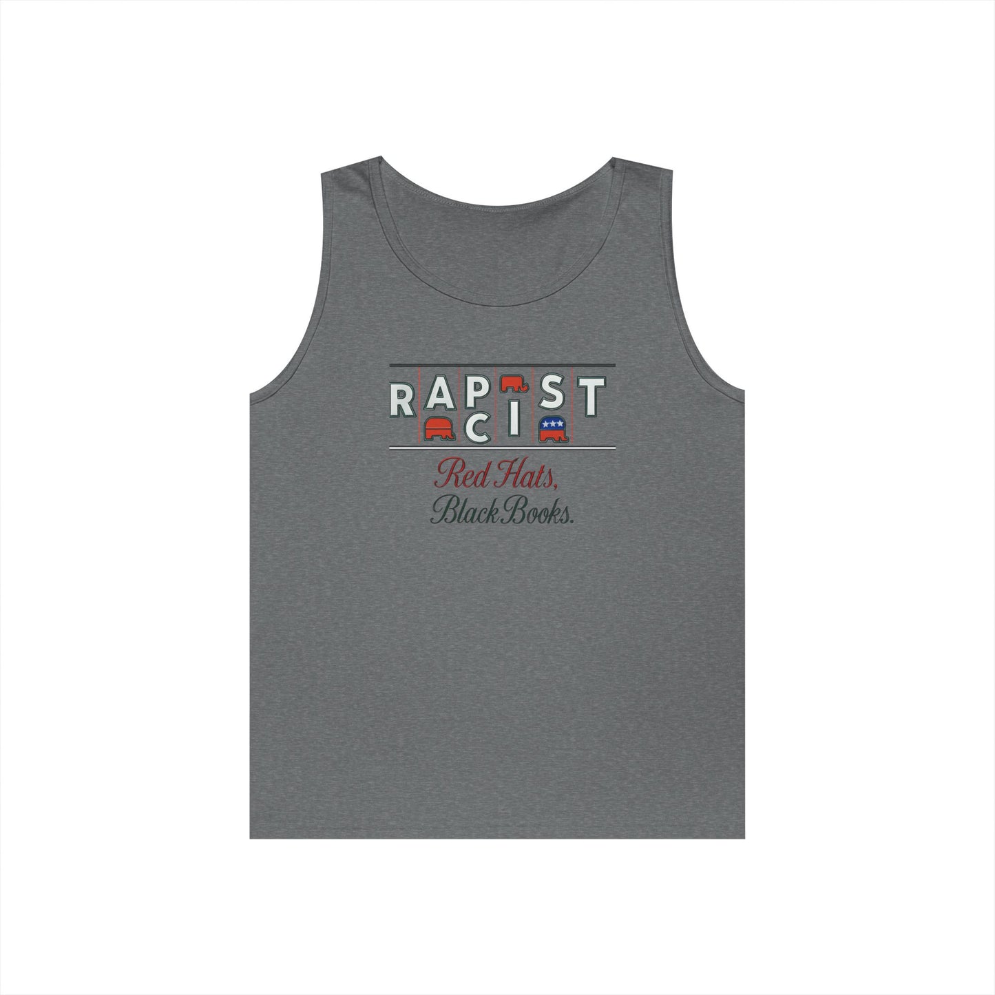Red Hats, Black Books. Unisex Heavy Cotton Tank Top - Fun Summer Staple, Perfect for Festivals, Casual Wear, Gift for Book Lovers, Great for Hot Days