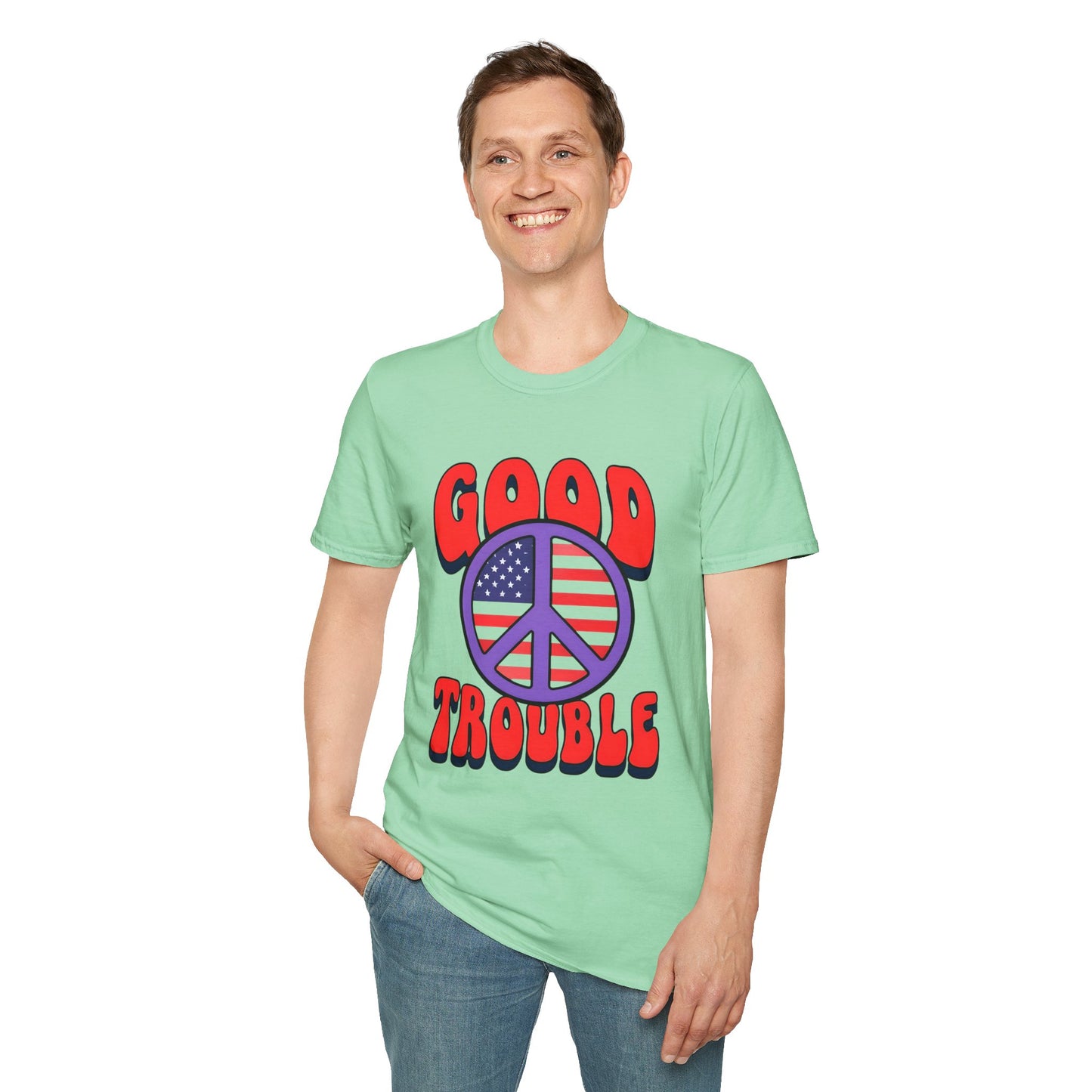 Peace & Good Trouble Unisex T-Shirt, Retro Graphic Tee, Casual Wear, Gift for Activists, July 4th Celebration Shirt